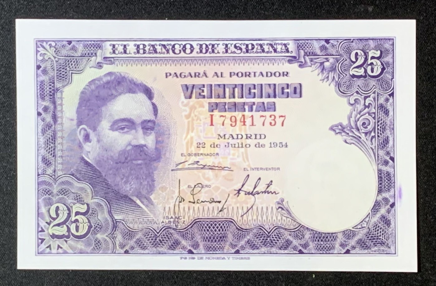 紫瑗钱币——第306期拍卖 西班牙 1954年 作家伊萨克 25比塞塔 UNC