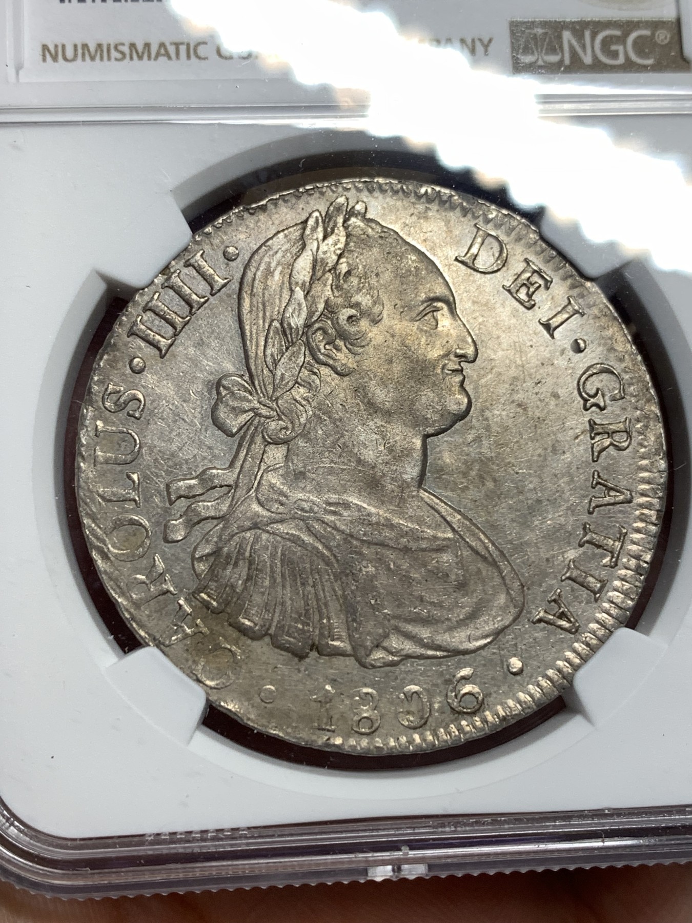 《竞宝斋》第180场-周日，周一2场 (全场包邮) NGC AU58 墨西哥 1806年 卡四 8R双柱大银币 原味包浆 状态不错