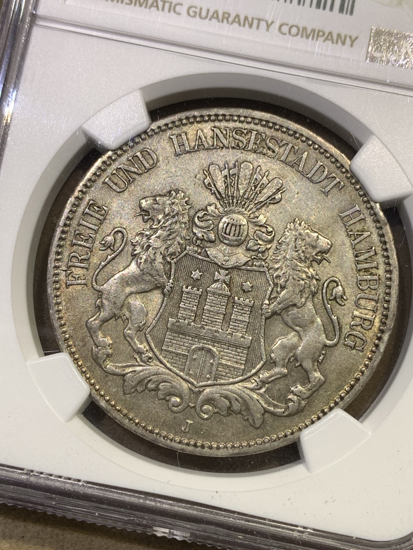 《竞宝斋》第180场-周日，周一2场 (全场包邮) NGC-AU58 德国1908汉堡 5马克银币 此年份比1913的少见