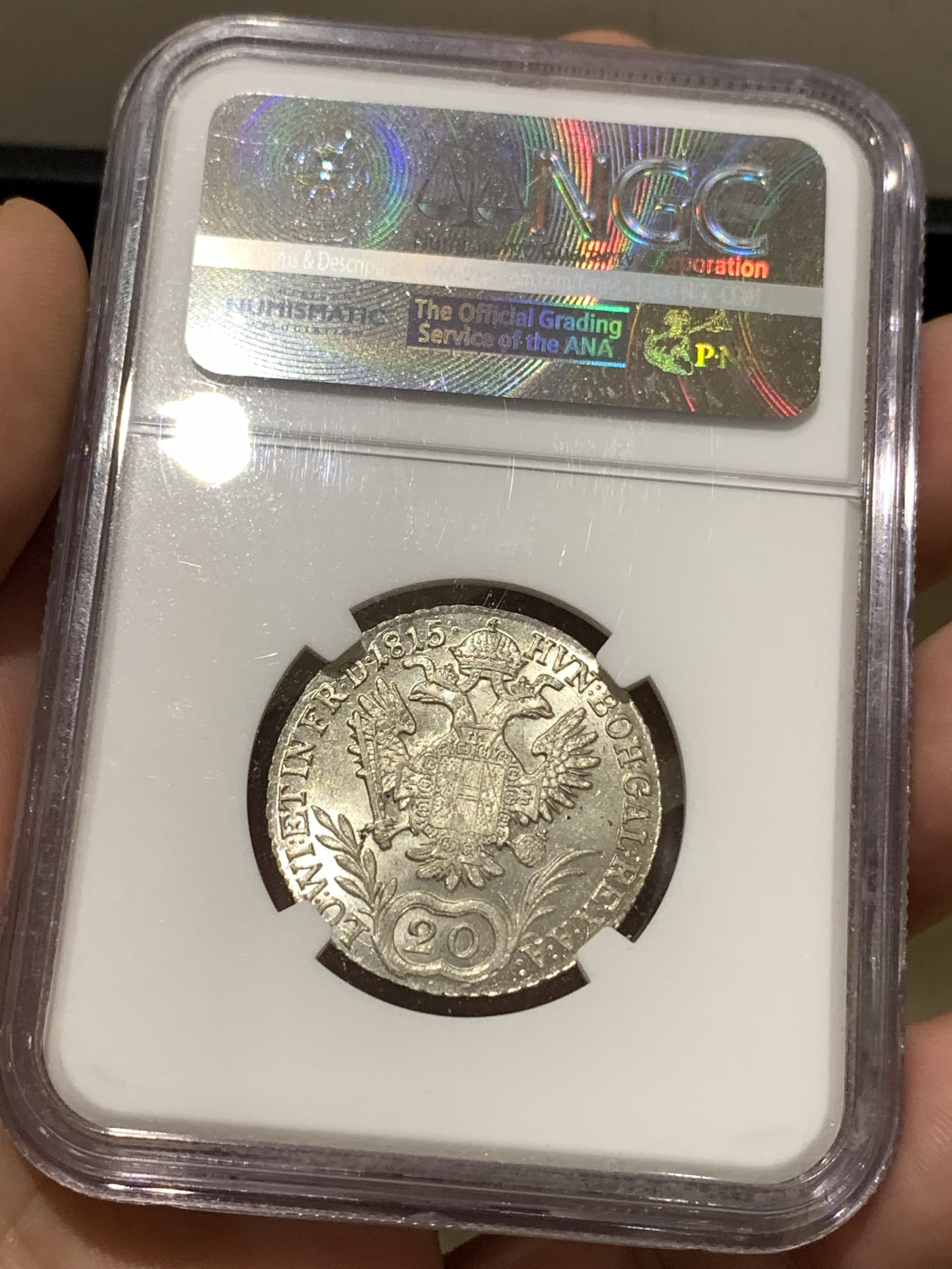 《竞宝斋》第180场-周日，周一2场 (全场包邮) NGC MS64 奥地利帝国1815B佛朗茨一世20K银辅币 白净状态好