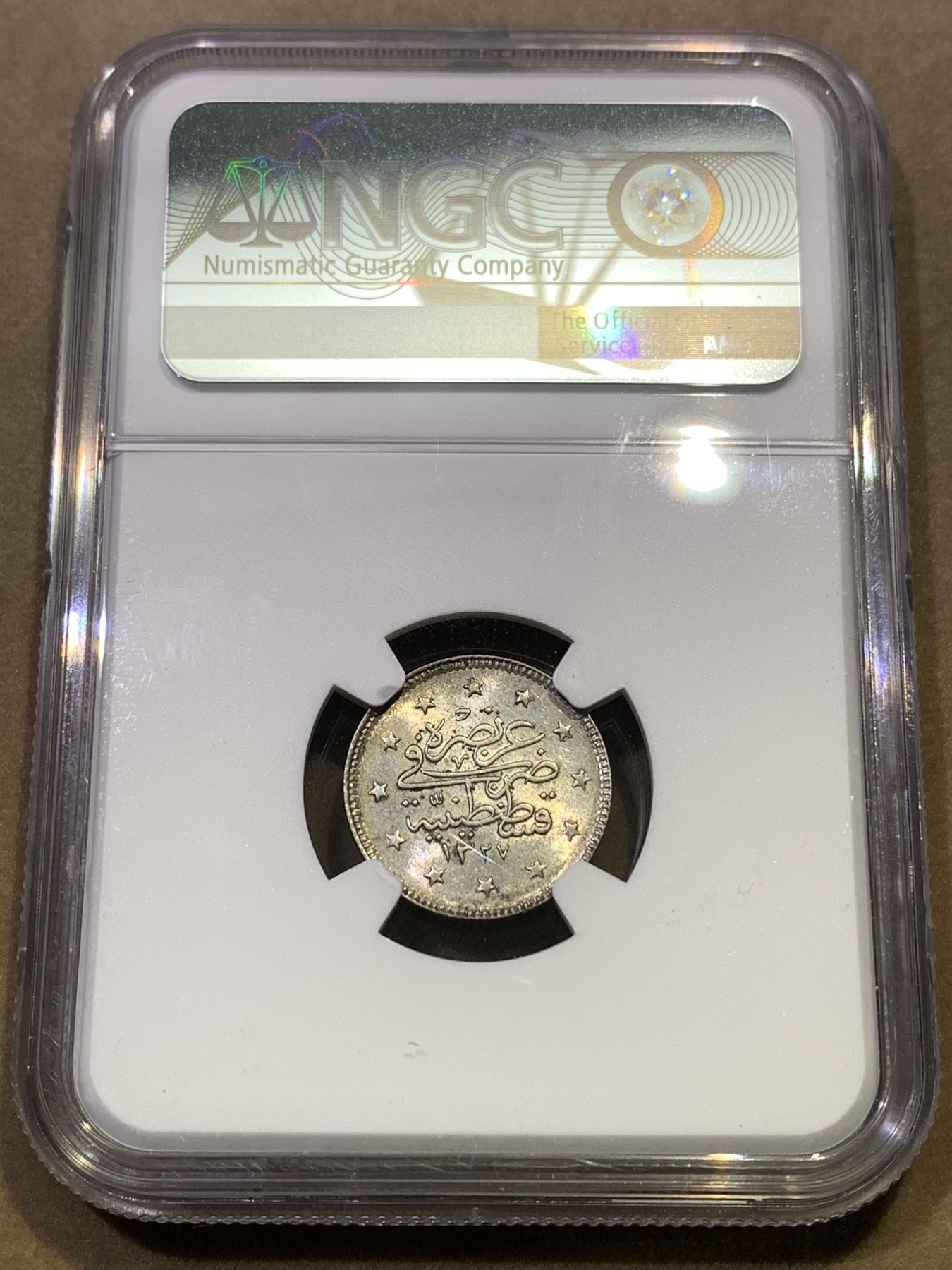 《竞宝斋》第180场-周日，周一2场 (全场包邮) NGC-AU58 AH1327年奥斯曼土耳其2库鲁什银币 一角型小辅币，感觉有些低评