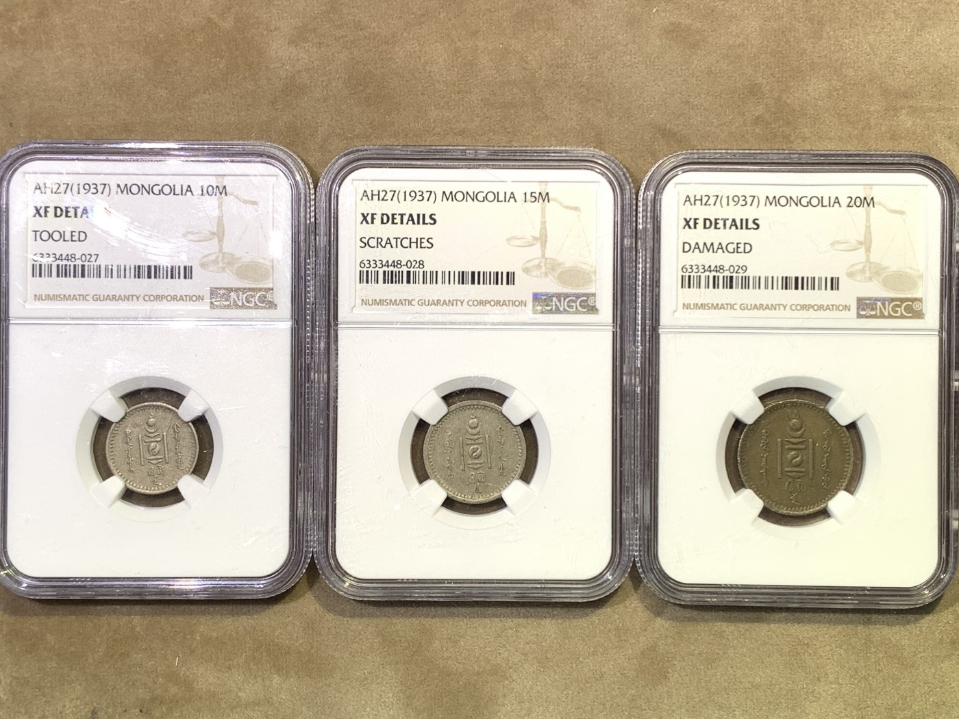 《竞宝斋》第180场-周日，周一2场 (全场包邮) 3枚一组 NGC–XFD 蒙古1937年10蒙戈/15蒙戈/20蒙戈镍币