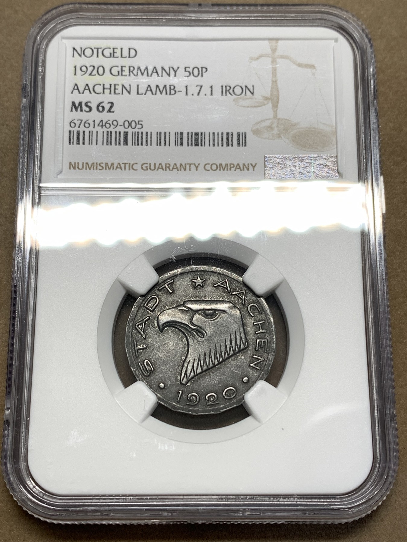 《竞宝斋》第180场-周日，周一2场 (全场包邮) NGC-MS62 德国紧急状态货币名誉品，1920年亚琛鹰头50芬尼铁币，好品难寻，银光闪闪，鹰头威风凛凛，惟妙惟肖