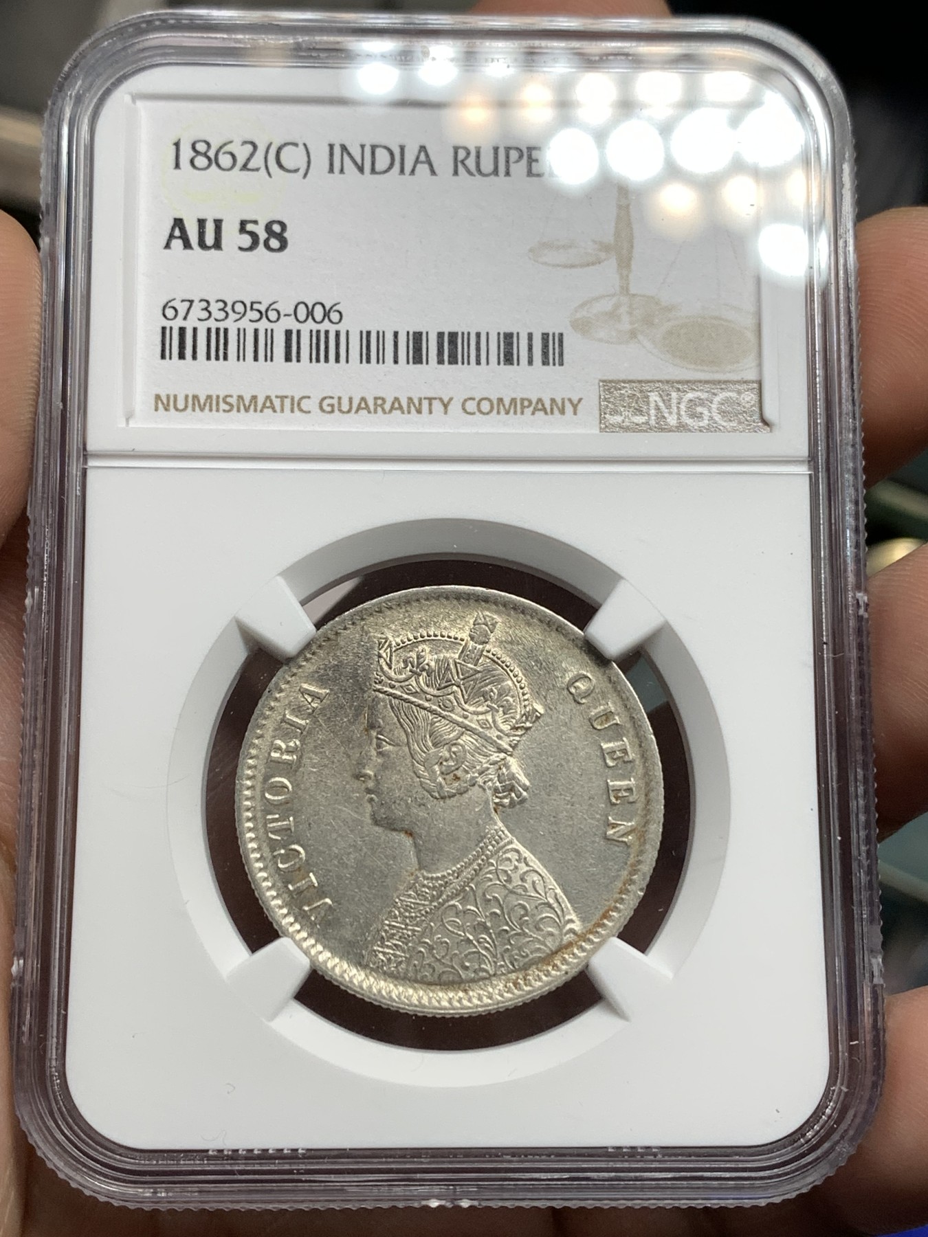 《竞宝斋》第180场-周日，周一2场 (全场包邮) NGC-AU58 1862C英属印度维多利亚1卢比银币