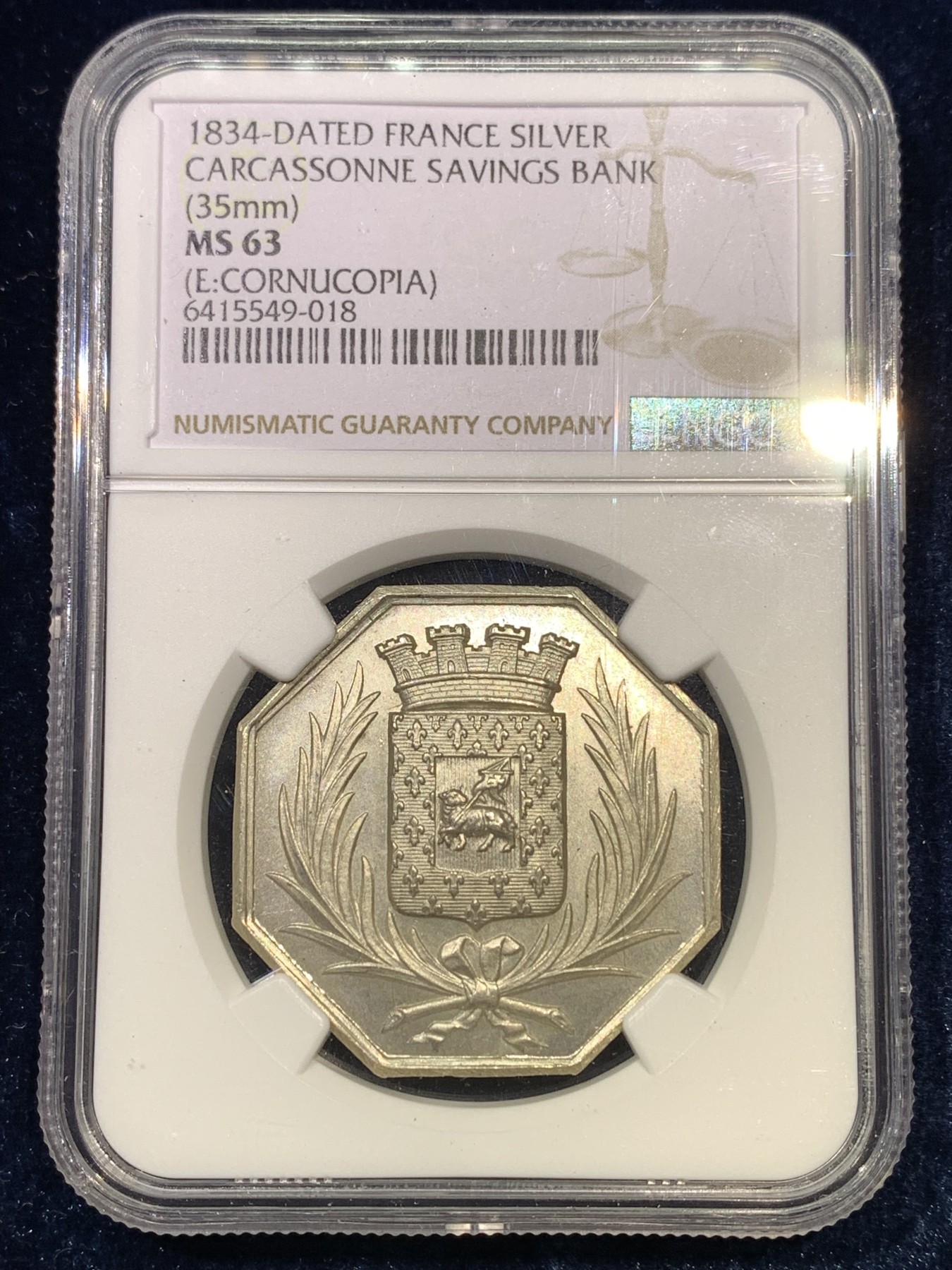 《竞宝斋》第180场-周日，周一2场 (全场包邮) NGC MS63 法国1834年卡卡西松储蓄银行八角银章 大规格 少见品种