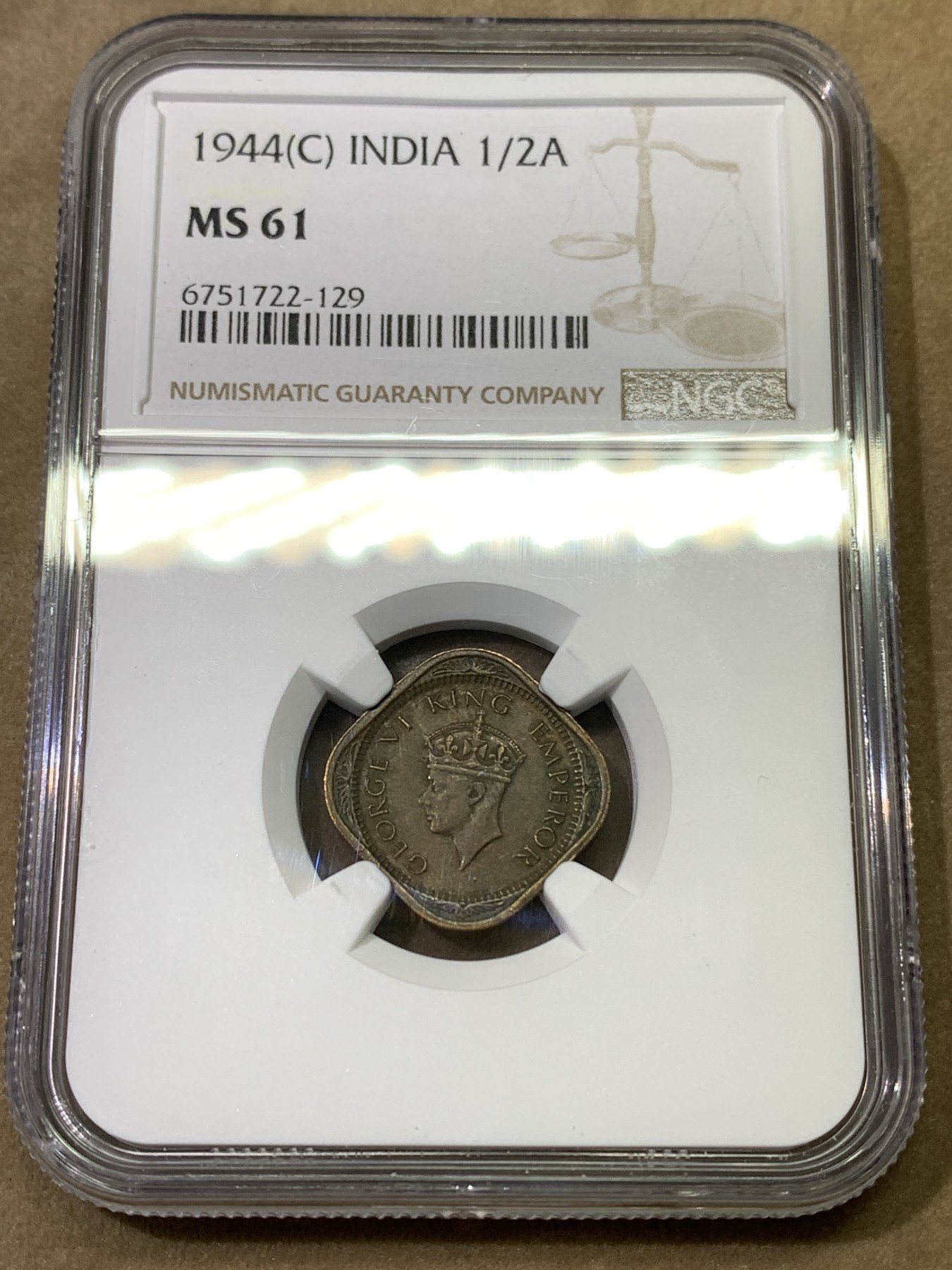 《竞宝斋》第180场-周日，周一2场 (全场包邮) NGC MS61 英属印度1944乔治六世1/2 ANNA 铜币