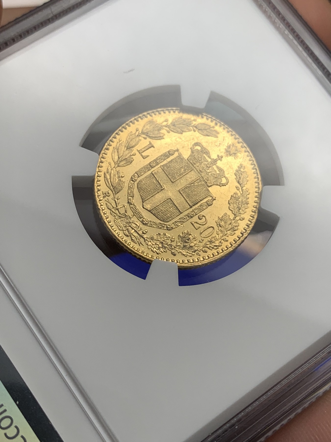 《竞宝斋》第180场-周日，周一2场 (全场包邮) NGC MS63+PL 1882年意大利王国翁贝托一世20里拉金币 状态极好