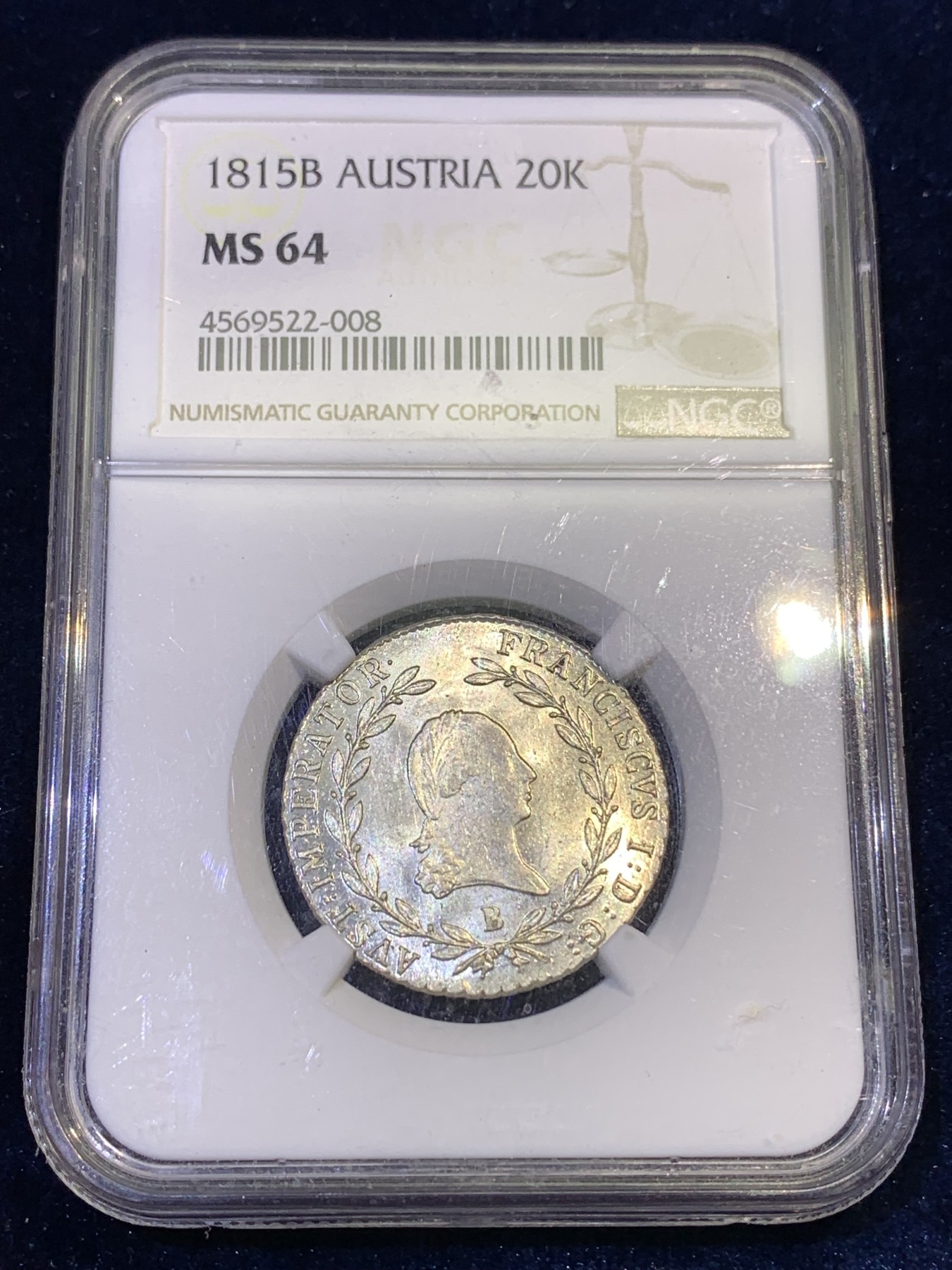 《竞宝斋》第180场-周日，周一2场 (全场包邮) NGC MS64 奥地利帝国1815B佛朗茨一世20K银辅币 白净状态好