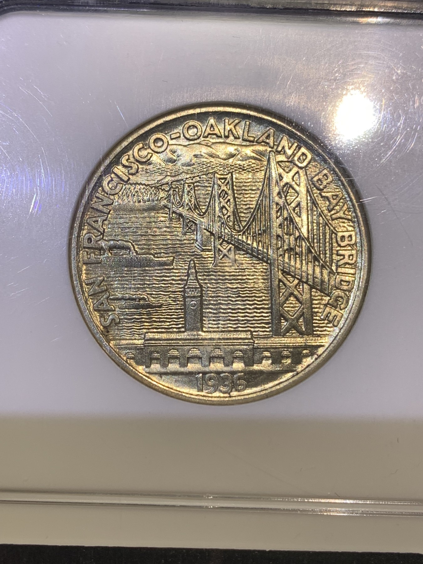 《竞宝斋》第180场-周日，周一2场 (全场包邮) NGC-MS66 美国 1936年 海湾大桥 半美元 纪念银币 设计精美 高分老盒 一步到位的收藏