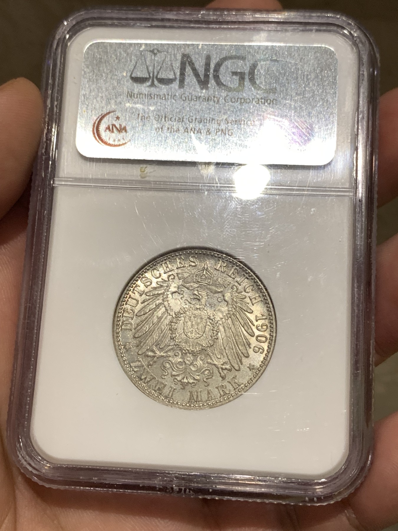 《竞宝斋》第180场-周日，周一2场 (全场包邮) NGC-MS65 德国巴登 1906年 金婚纪念 2马克银币 非常漂亮 高等级分数