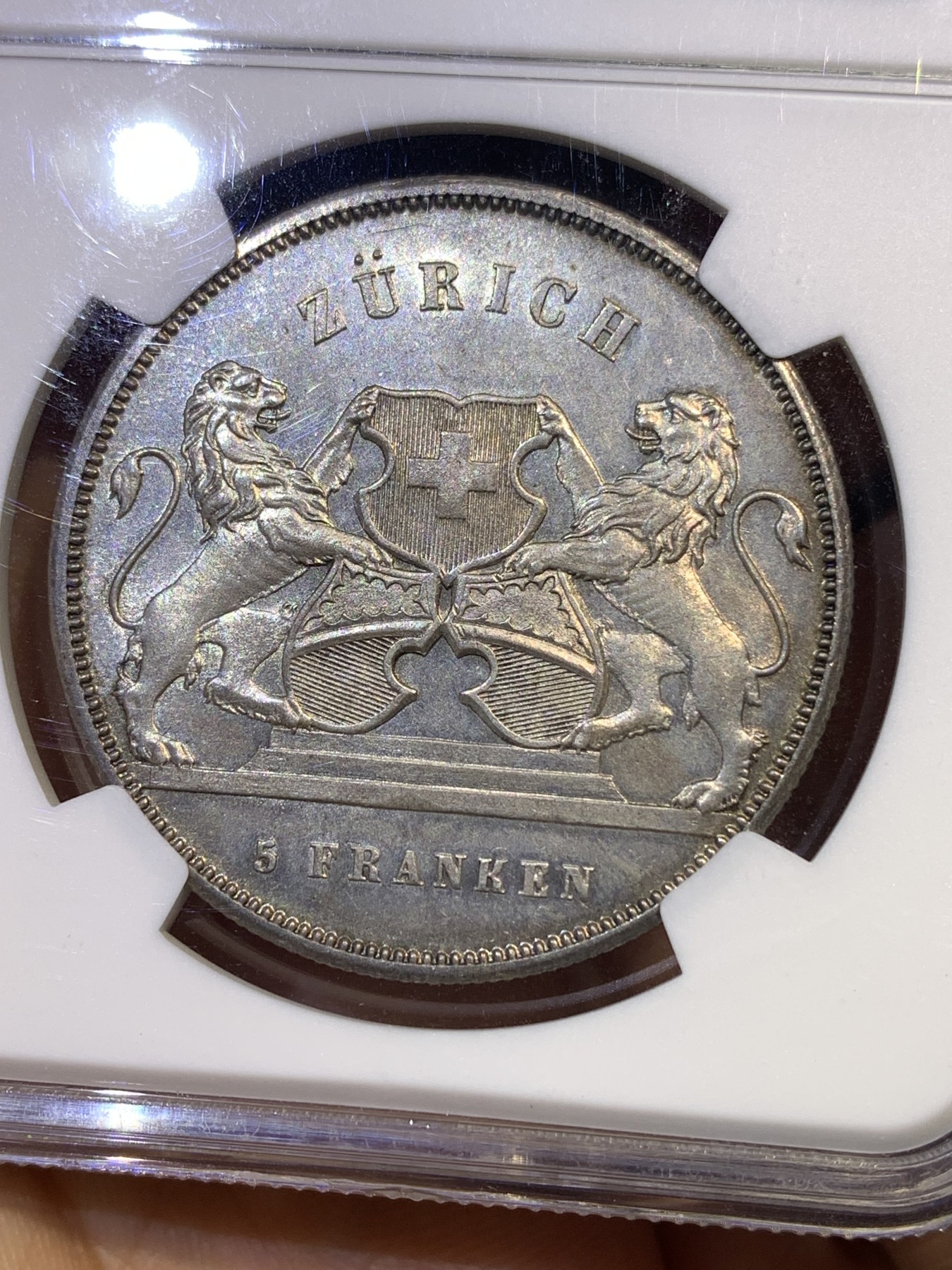 《竞宝斋》第180场-周日，周一2场 (全场包邮) NGC MS62 瑞士射击节1859年苏黎世5法郎银币 经典设计 只有6000枚的发行量