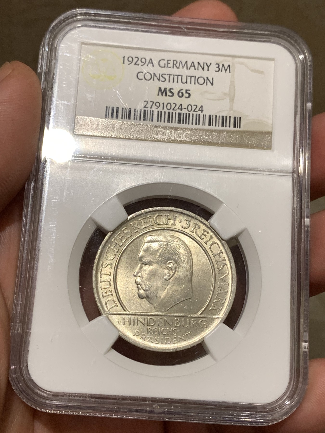 《竞宝斋》第180场-周日，周一2场 (全场包邮) NGC-MS65 魏玛德国1929年宪法十周年3马克纪念银币 少见高分