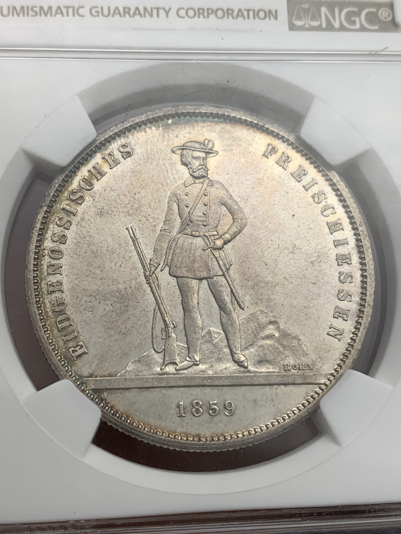 《竞宝斋》第180场-周日，周一2场 (全场包邮) NGC MS62 瑞士射击节1859年苏黎世5法郎银币 经典设计 只有6000枚的发行量