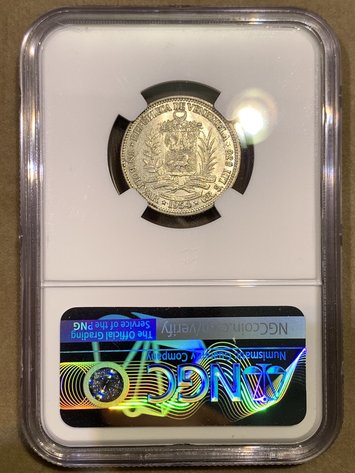 《竞宝斋》第180场-周日，周一2场 (全场包邮) NGC MS63 委内瑞拉 1954年 1玻利瓦尔银币