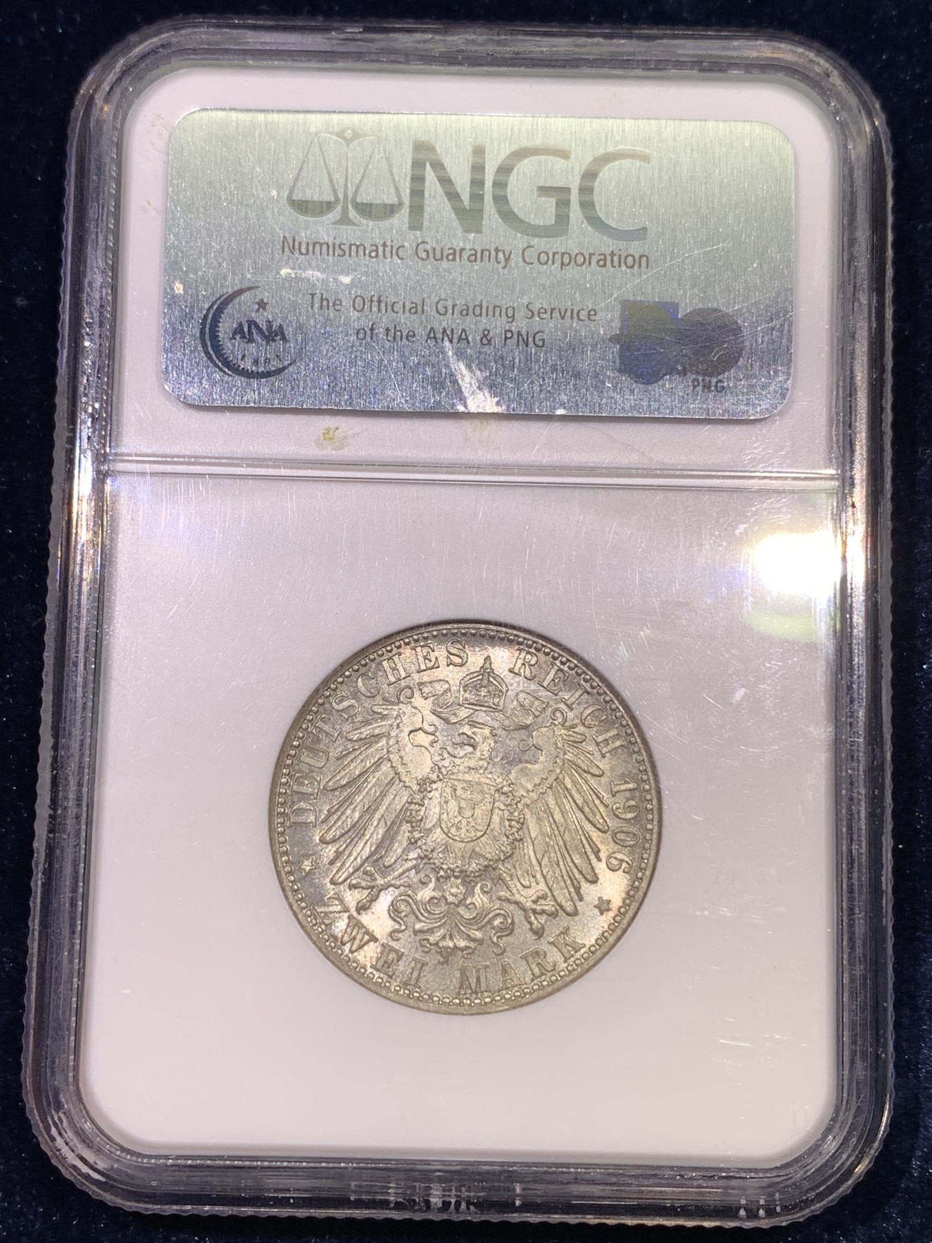 《竞宝斋》第180场-周日，周一2场 (全场包邮) NGC-MS65 德国巴登 1906年 金婚纪念 2马克银币 非常漂亮 高等级分数