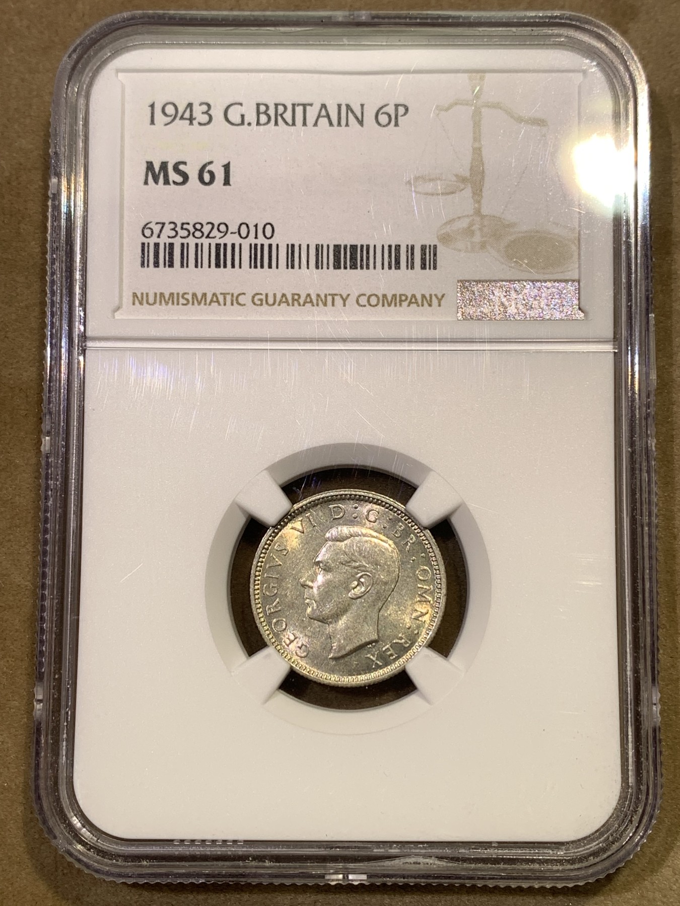 《竞宝斋》第180场-周日，周一2场 (全场包邮) NGC-MS61 英国1943年 乔六6便士银币 原光好品