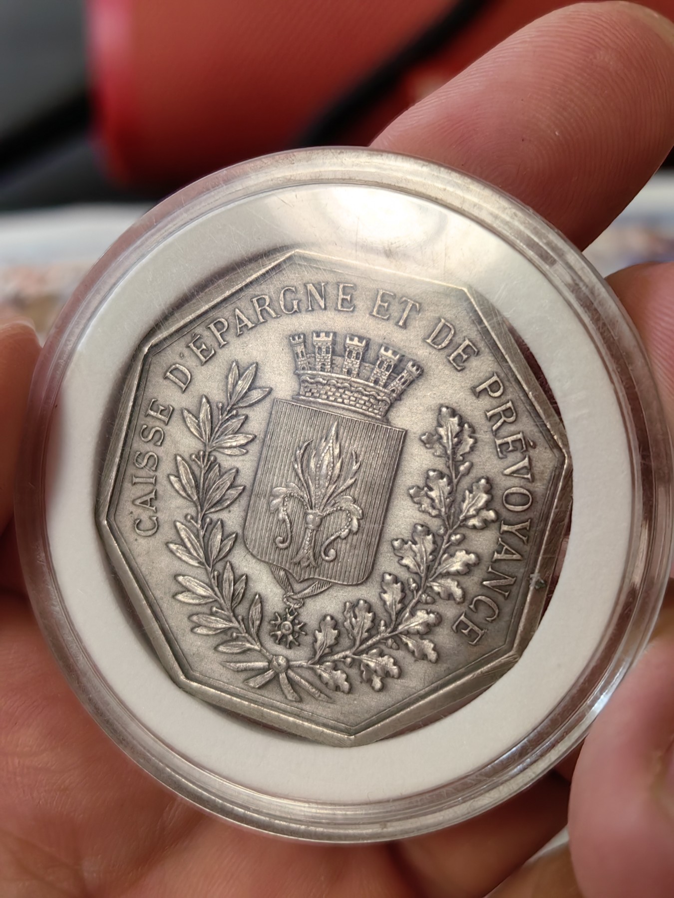 橡树集藏-006场 海纳百川 UNC1834法国里昂银代币jeton 鸢尾花纹章 丰饶角边铭 枪灰色氧化层 Matte质感 