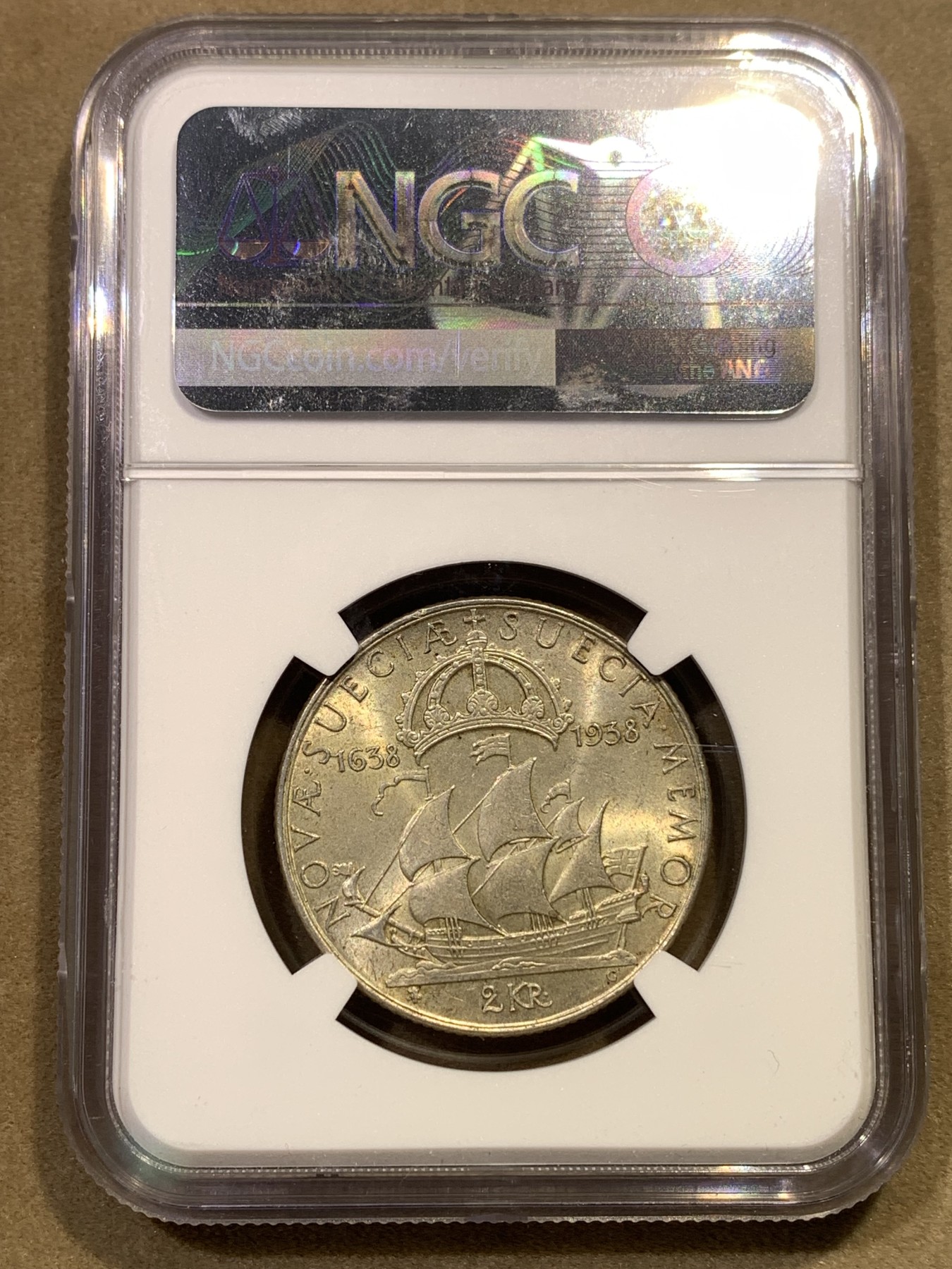 《竞宝斋》第180场-周日，周一2场 (全场包邮) NGC-MS63 瑞典1938年 三百周年纪念 2克朗银币