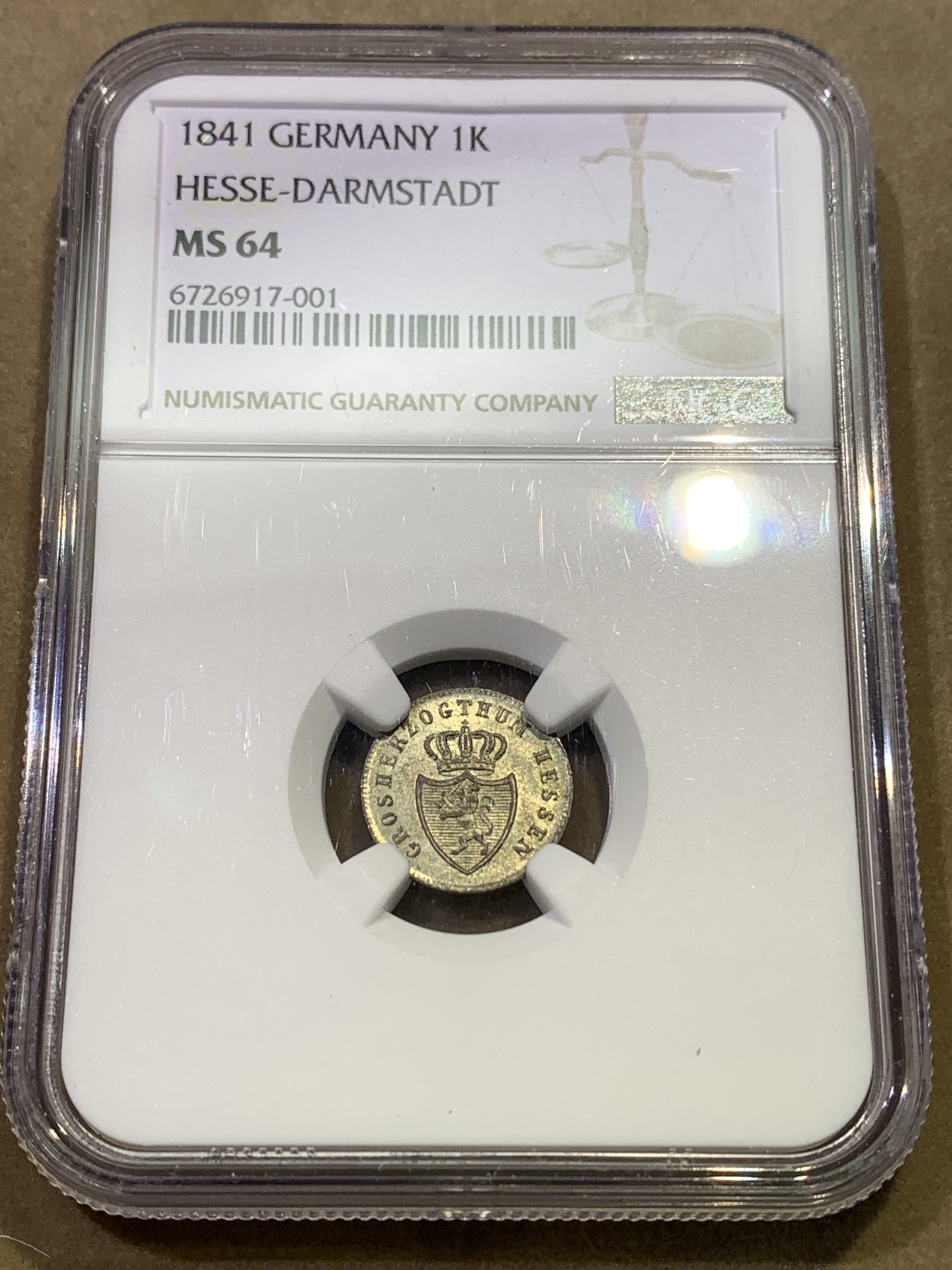 《竞宝斋》第180场-周日，周一2场 (全场包邮) NGC MS64 德国黑森1841年1克鲁泽小银币