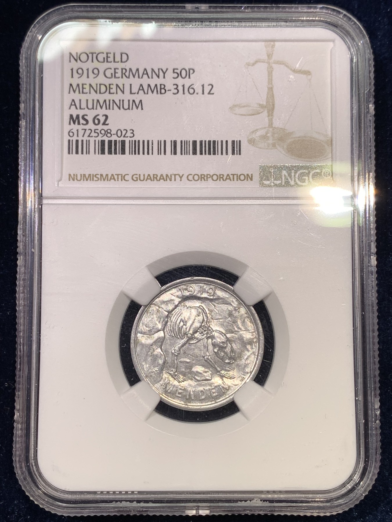 《竞宝斋》第180场-周日，周一2场 (全场包邮) NGC MS62 德国 1919年 NGC 更高分只有3枚  少见疑似标签错误，德紧大热门门登洞熊50芬尼铝币