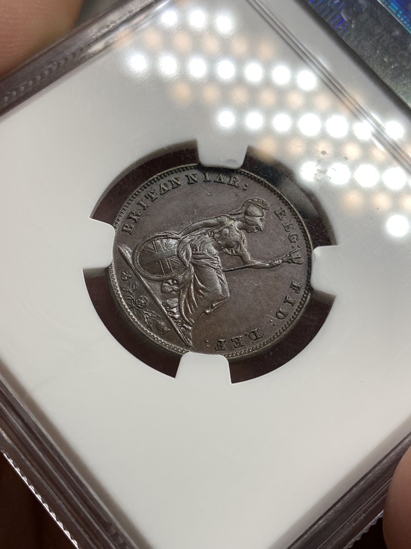 《竞宝斋》第180场-周日，周一2场 (全场包邮) NGC AU58BN 英国 1846年 早期小维 1/4便士=1法新 铜币 巧克力包浆 难得状态