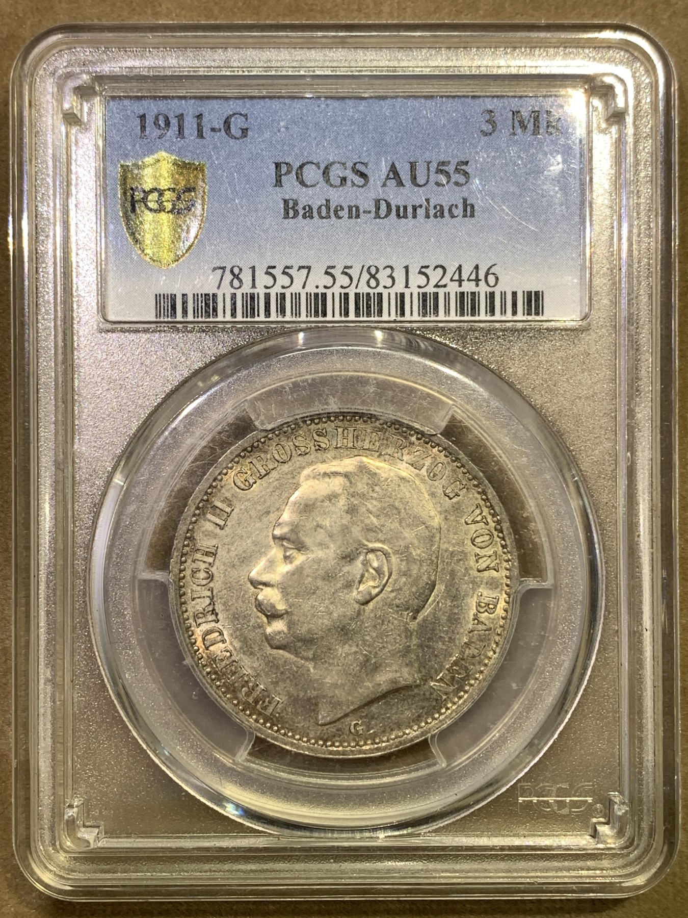 《竞宝斋》第180场-周日，周一2场 (全场包邮) PCGS-AU55 1911年巴登弗雷德里希二世3马克银币。