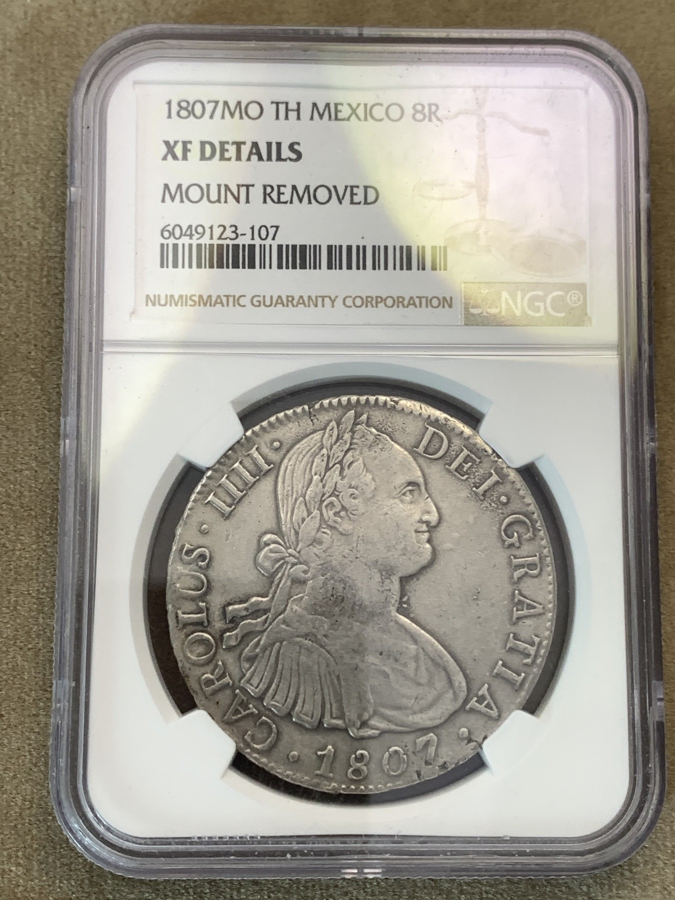 《竞宝斋》第180场-周日，周一2场 (全场包邮) NGC–XFD 墨西哥 1807年卡洛斯四世双柱银币 背面有焊接痕迹