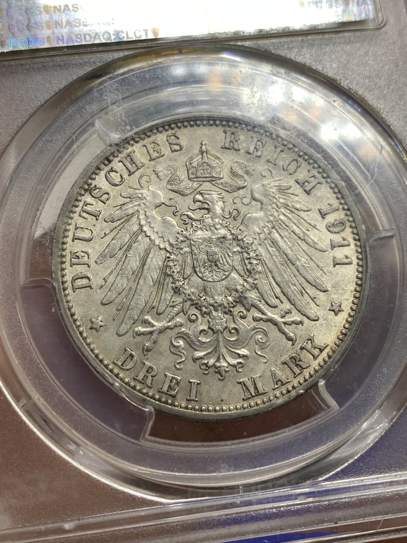 《竞宝斋》第180场-周日，周一2场 (全场包邮) PCGS-AU55 1911年巴登弗雷德里希二世3马克银币。