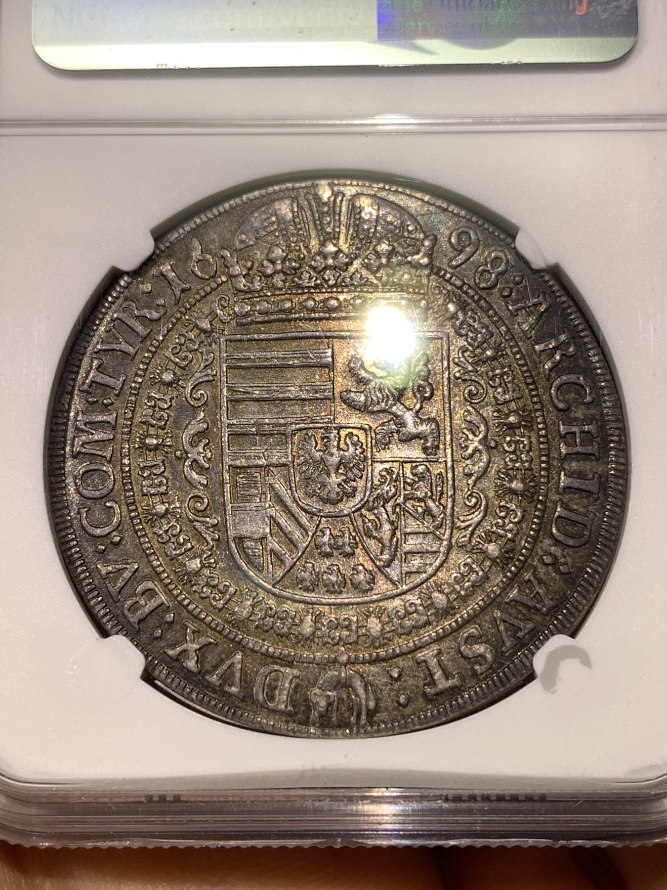 《竞宝斋》第180场-周日，周一2场 (全场包邮) 亚军分 NGC MS63 神圣罗马帝国1698/7骑字版 大波浪 猪嘴 泰勒 银币 打制均匀 状态非常好