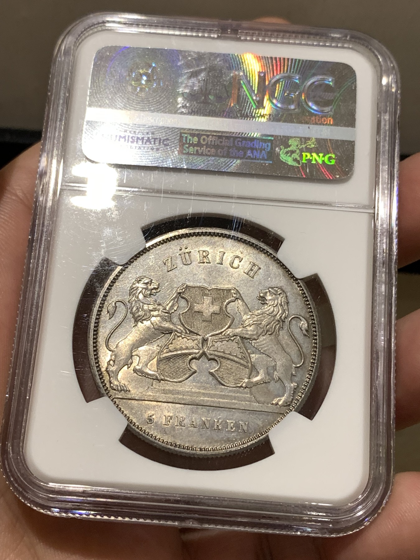 《竞宝斋》第180场-周日，周一2场 (全场包邮) NGC MS62 瑞士射击节1859年苏黎世5法郎银币 经典设计 只有6000枚的发行量