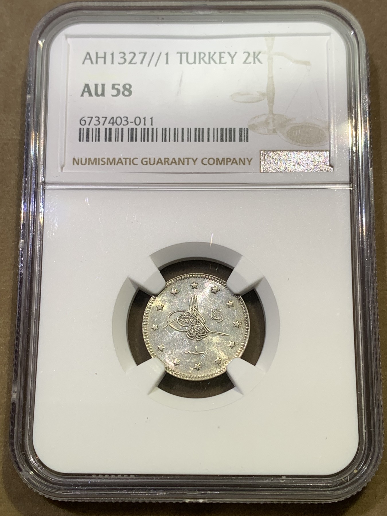 《竞宝斋》第180场-周日，周一2场 (全场包邮) NGC-AU58 AH1327年奥斯曼土耳其2库鲁什银币 一角型小辅币，感觉有些低评