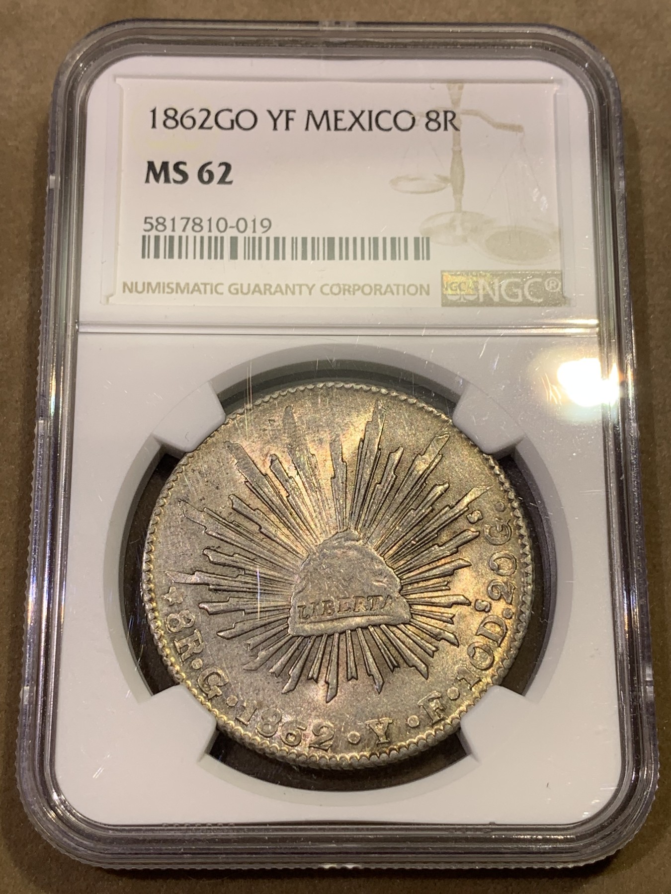 《竞宝斋》第180场-周日，周一2场 (全场包邮) NGC-MS62 墨西哥 鹰洋 1862 GO YF 8瑞尔  中期鹰 高分难得 更高分7枚