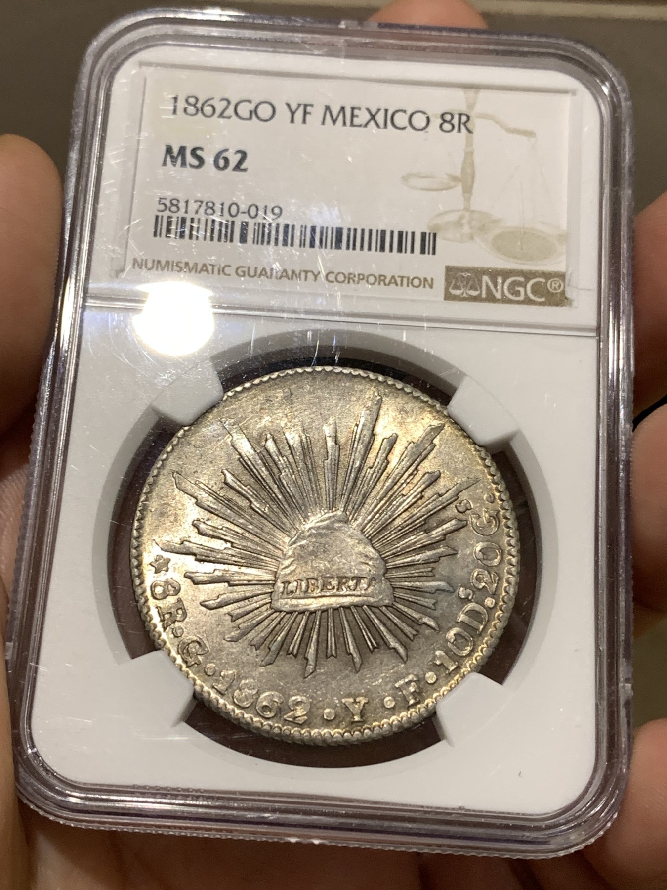 《竞宝斋》第180场-周日，周一2场 (全场包邮) NGC-MS62 墨西哥 鹰洋 1862 GO YF 8瑞尔  中期鹰 高分难得 更高分7枚