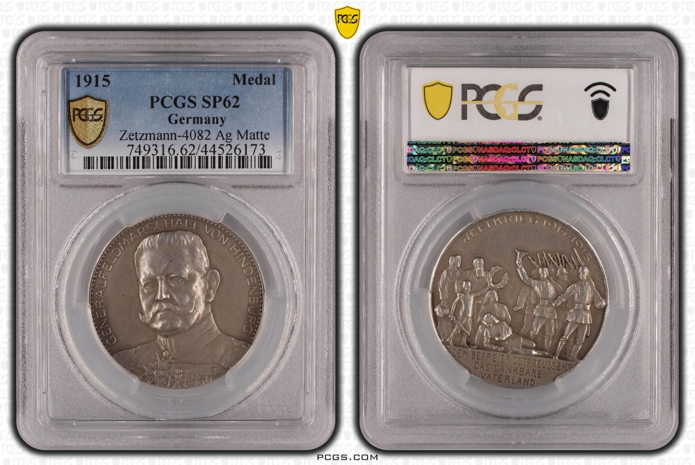 橡树集藏-006场 海纳百川 PCGS-SP62 1915年德国兴登堡元帅一战功勋银章 铭文祖国感恩东普鲁士解放者 十分经典 高浮雕加厚盒 数据库唯一冠军分 兴登堡一战系列银章的总筋