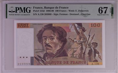 【礼羽收藏】🌏世界钱币拍卖第12期 - 【A冠无47】法国🇫🇷1990年100 France, Banque de France, 100 Francs 1988-90 - Wmk: E. Delacroix