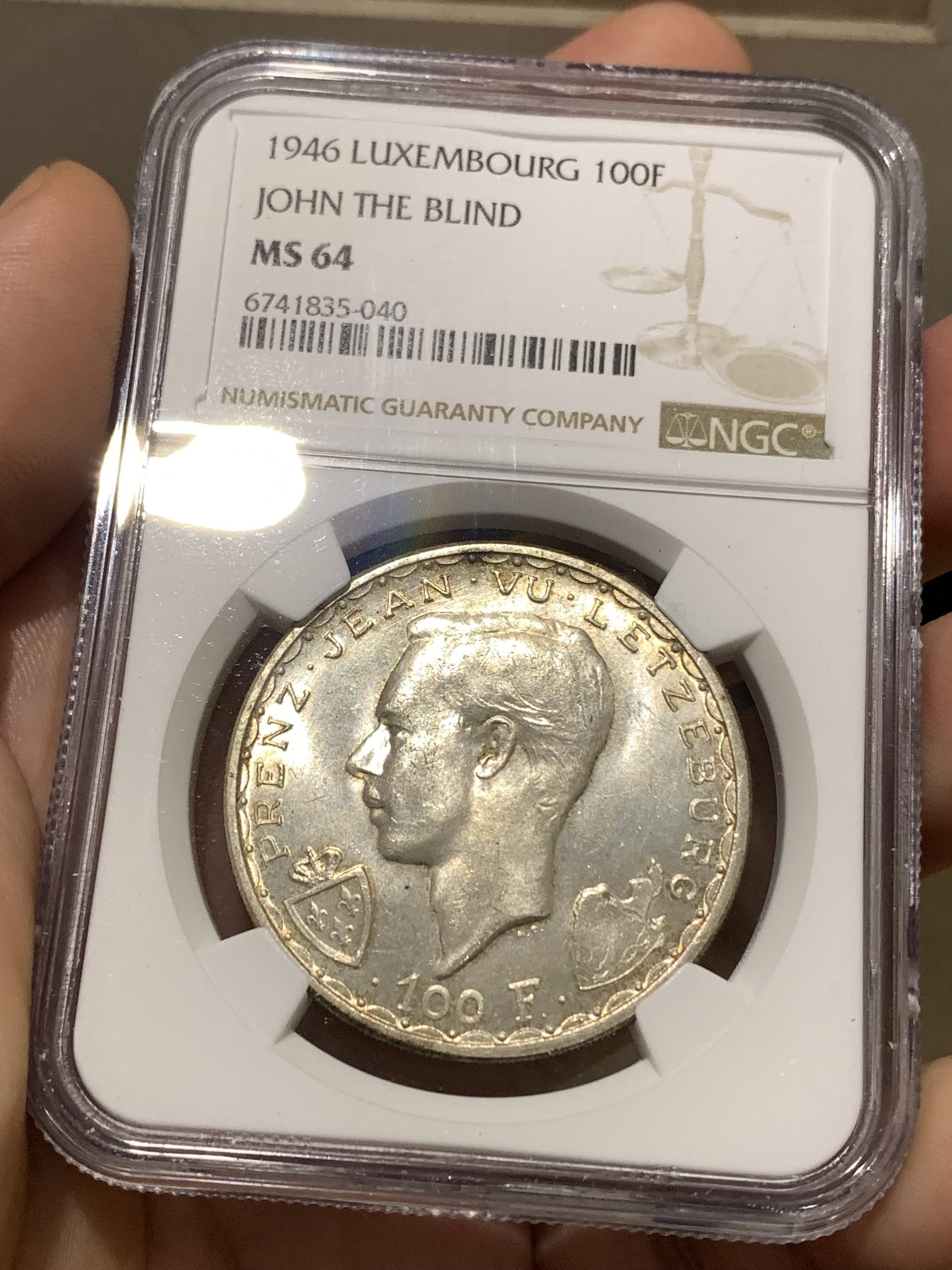 《竞宝斋》第180场-周日，周一2场 (全场包邮) NGC MS 64 卢森堡1946年100法郎马剑大银币