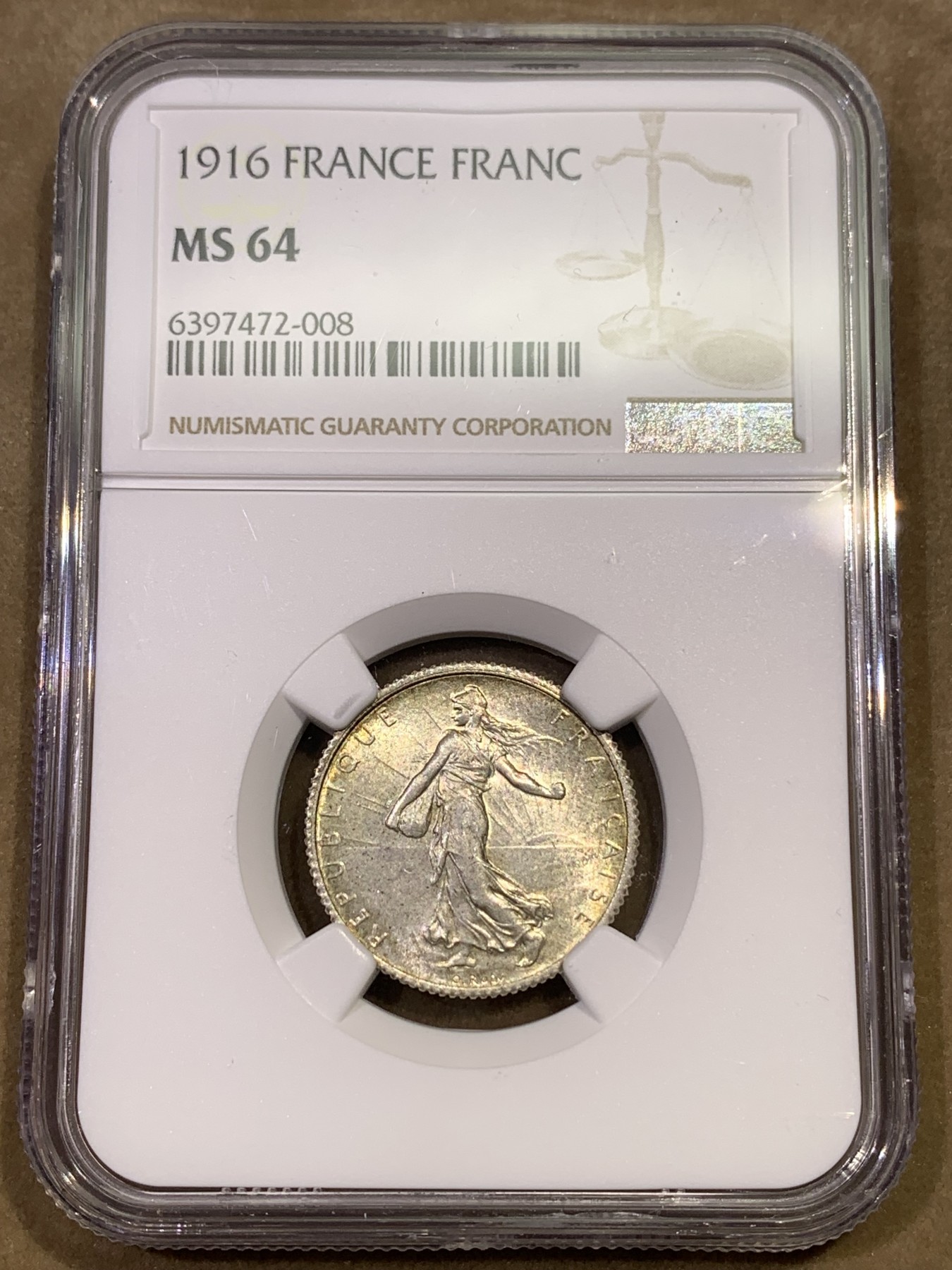 《竞宝斋》第180场-周日，周一2场 (全场包邮) NGC-MS64 法国1916年播种女神1法郎银币，罗蒂设计，经典的行走女神。64高分难得。