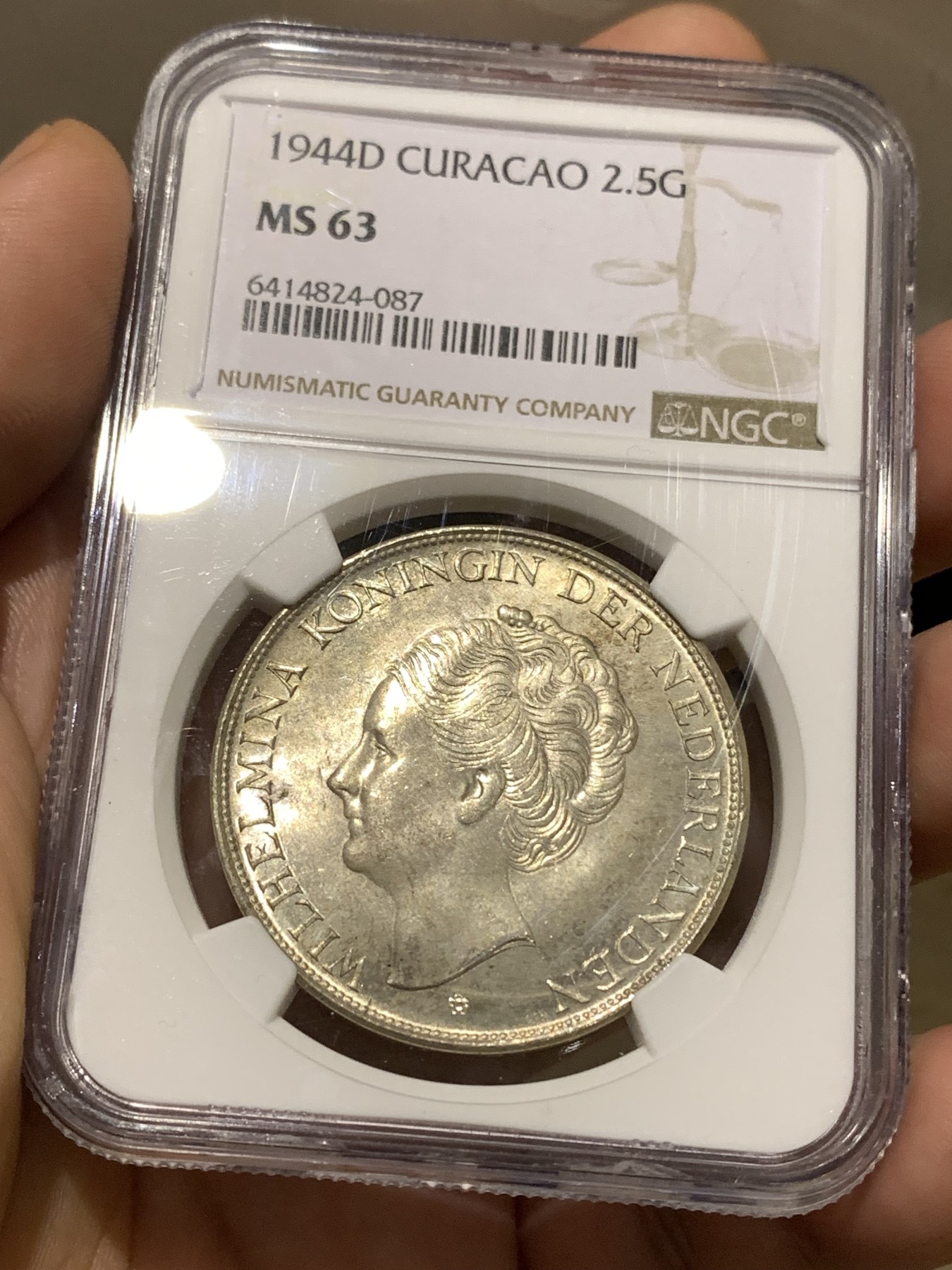 《竞宝斋》第180场-周日，周一2场 (全场包邮) NGC-MS63 荷属库拉索1944年 威廉米娜女王 2.5盾大银币