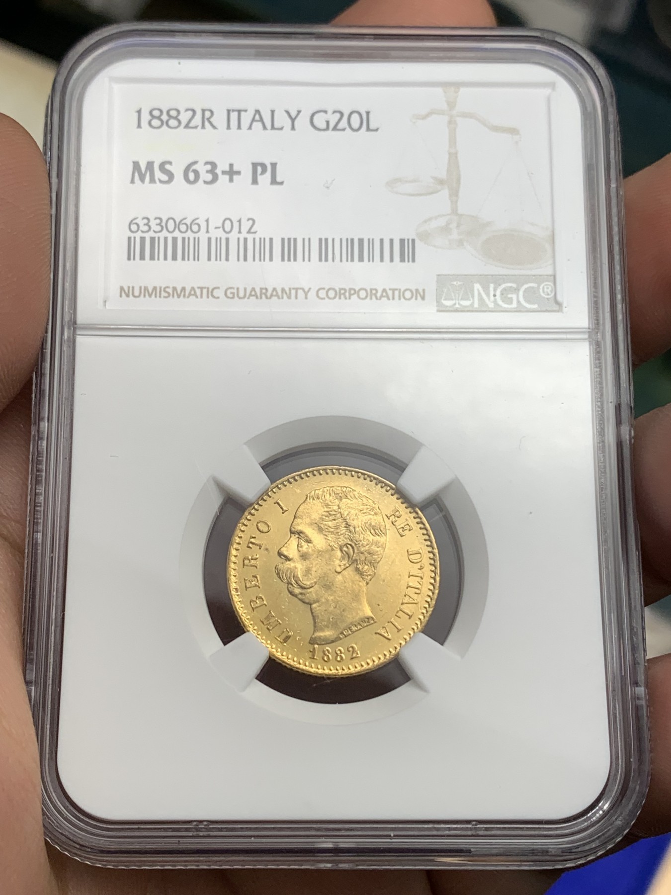 《竞宝斋》第180场-周日，周一2场 (全场包邮) NGC MS63+PL 1882年意大利王国翁贝托一世20里拉金币 状态极好