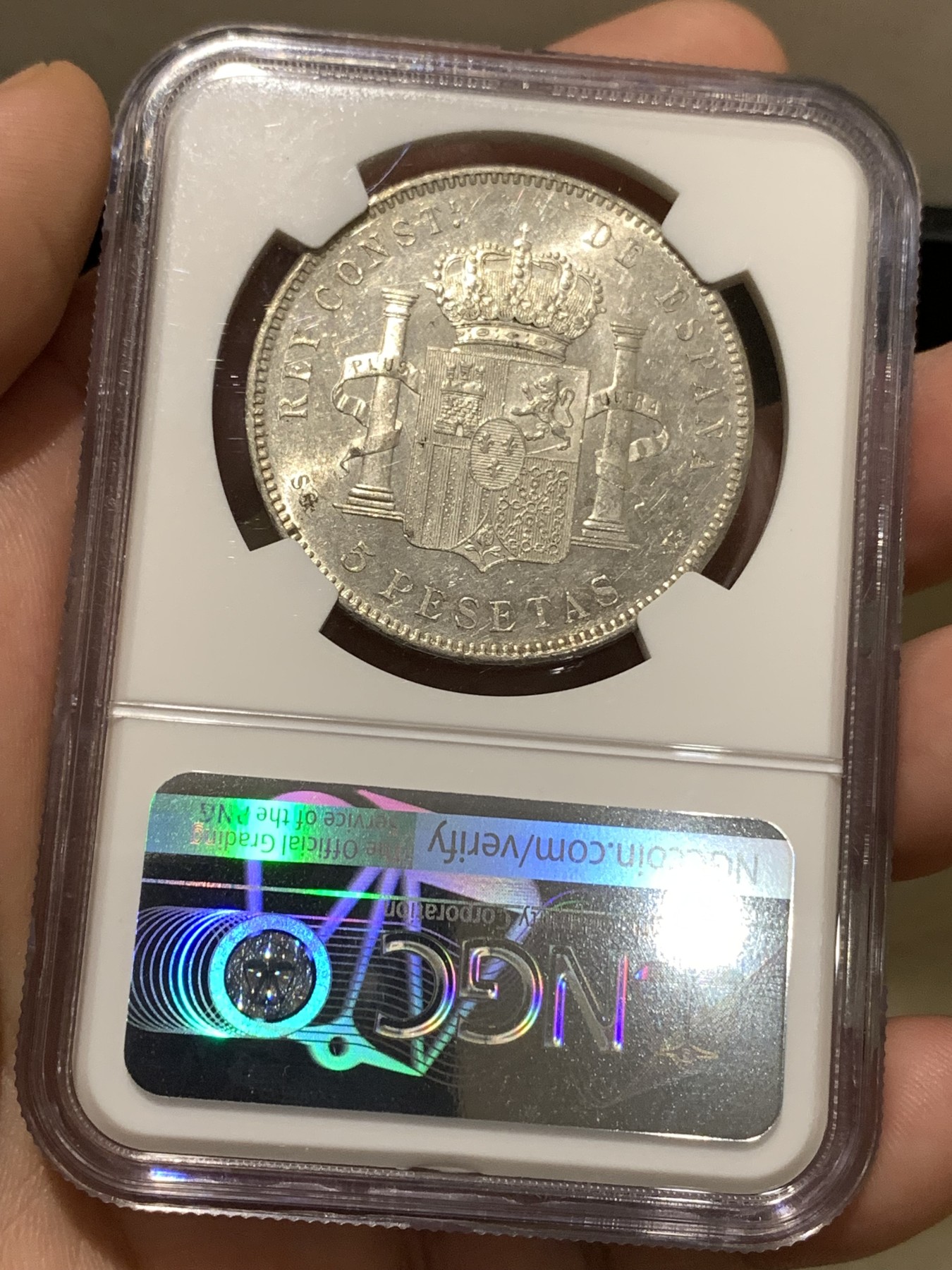 《竞宝斋》第180场-周日，周一2场 (全场包邮) NGC-MS60 西班牙 双柱 1897（97）阿方索十三世 5比塞塔银币