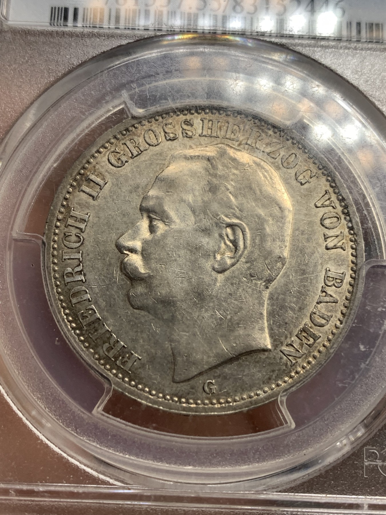 《竞宝斋》第180场-周日，周一2场 (全场包邮) PCGS-AU55 1911年巴登弗雷德里希二世3马克银币。