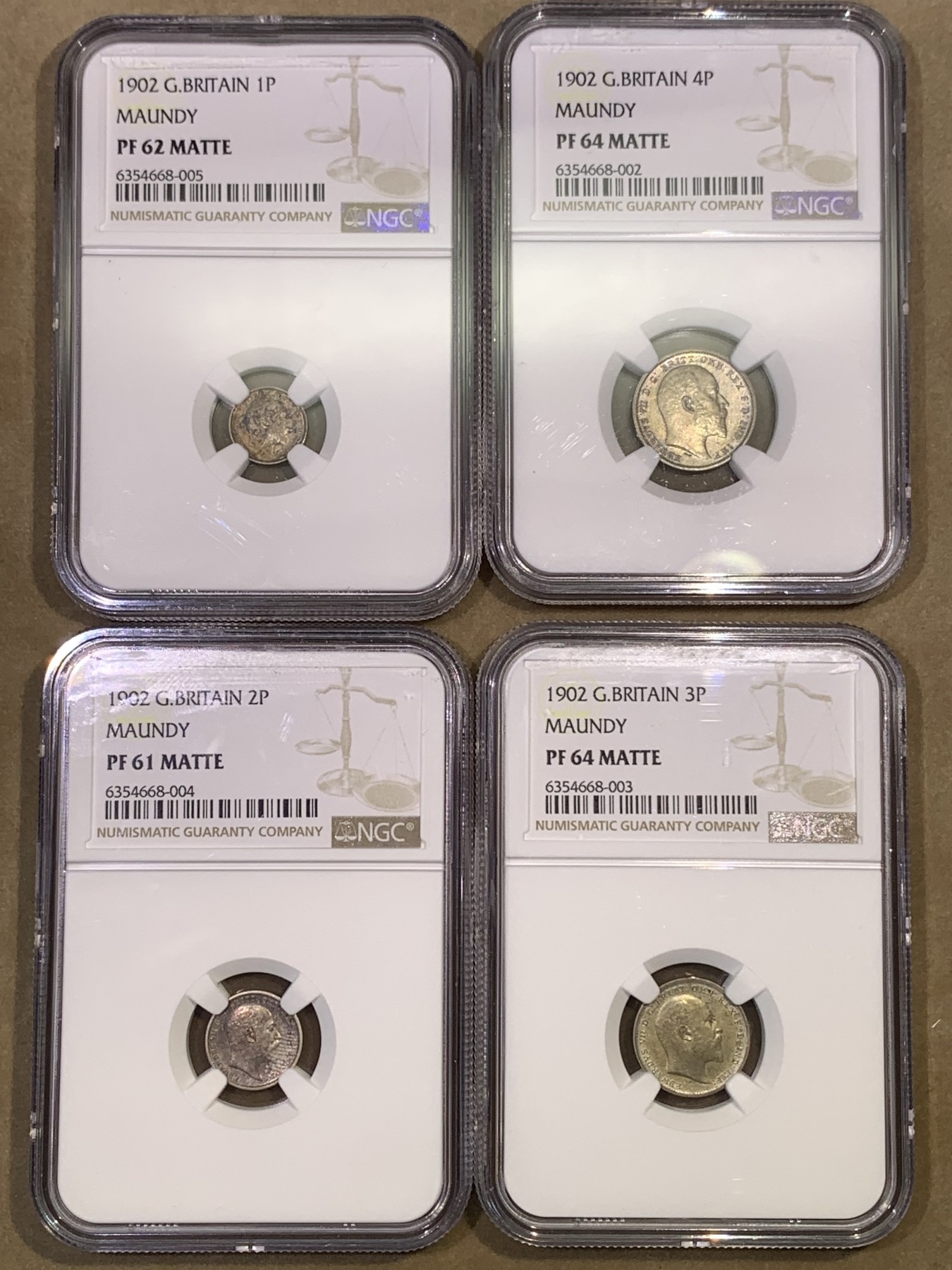 《竞宝斋》第180场-周日，周一2场 (全场包邮) 4枚一组 NGC PF61-64 MATTE 英国1902 爱德华七世 洗脚币 包浆好 MATTE 难得