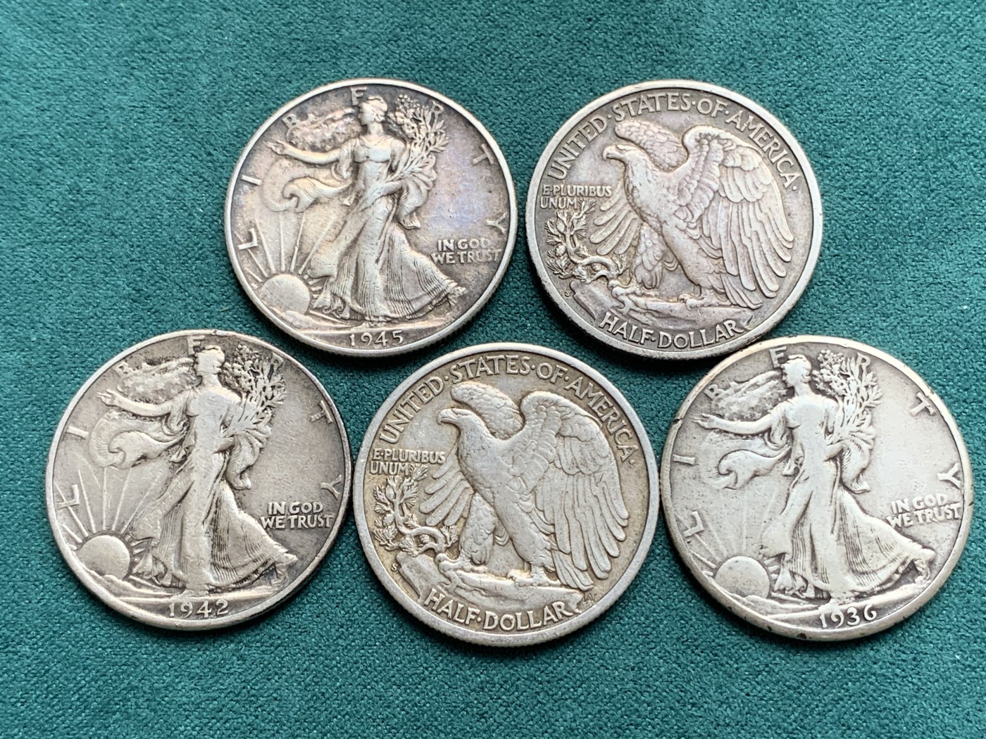 《竞宝斋》第180场-周日，周一2场 (全场包邮) 五枚一组 美国1936-1945行走女神半圆银币