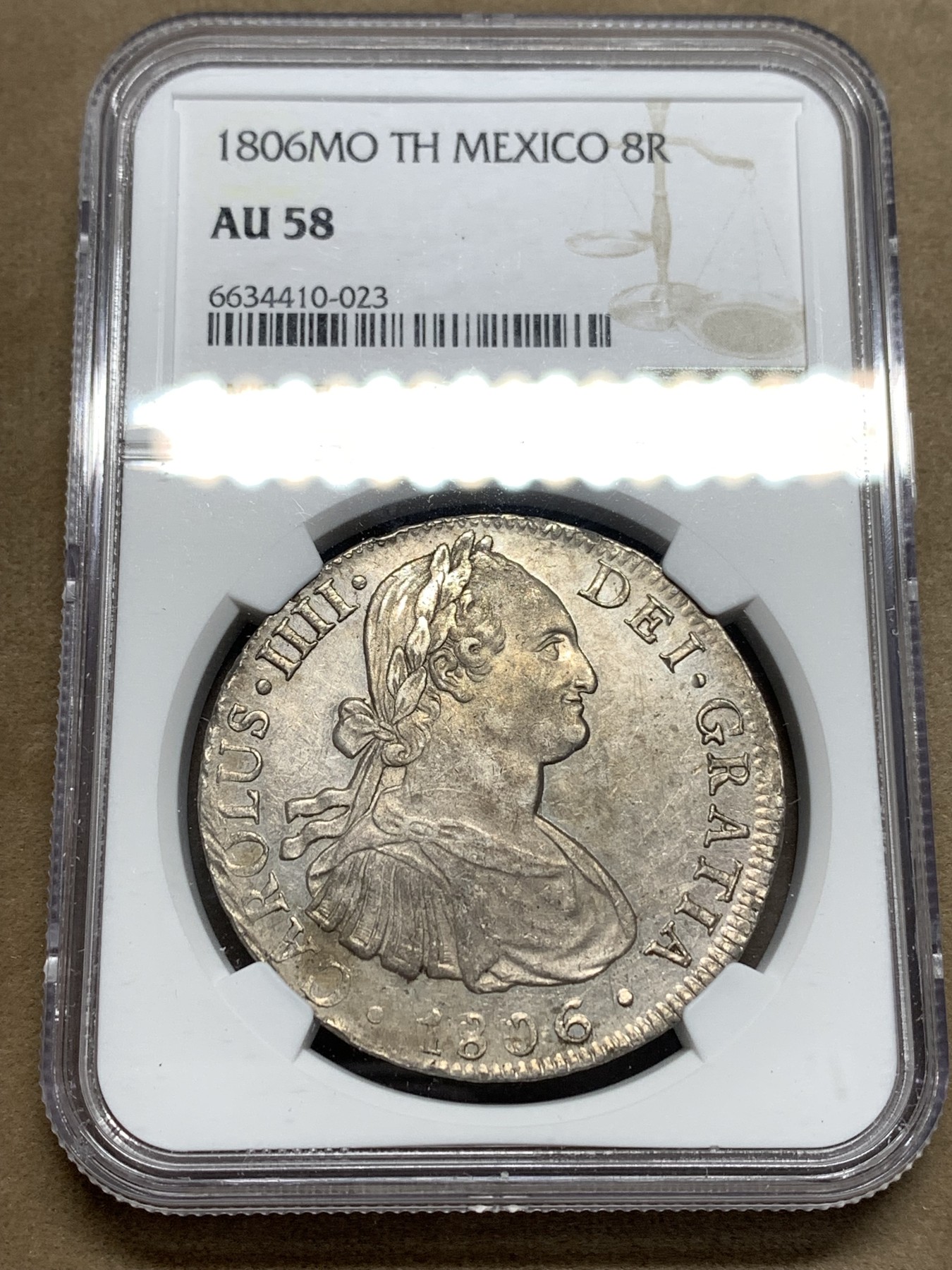 《竞宝斋》第180场-周日，周一2场 (全场包邮) NGC AU58 墨西哥 1806年 卡四 8R双柱大银币 原味包浆 状态不错