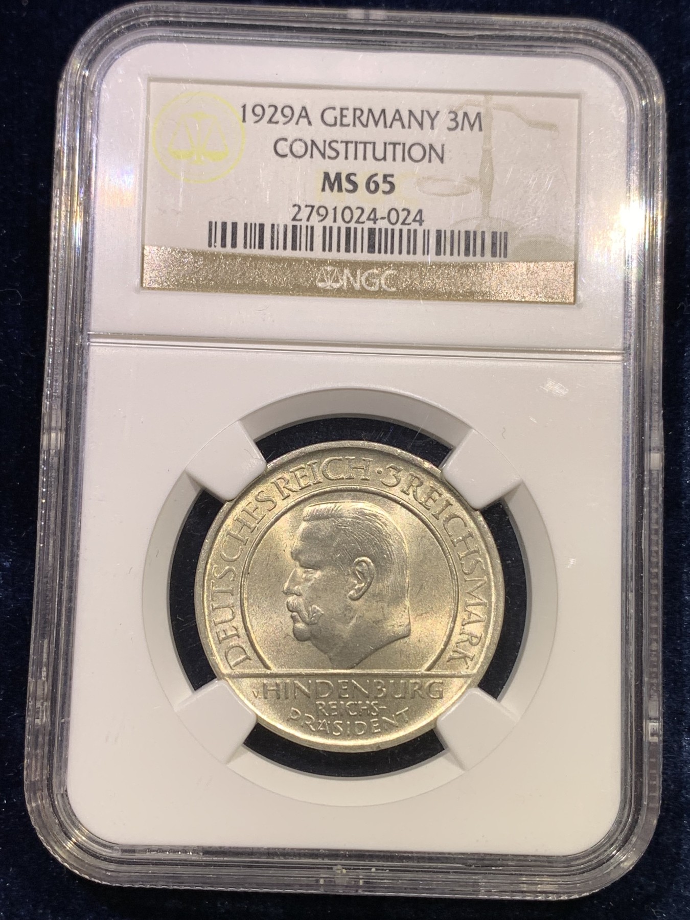 《竞宝斋》第180场-周日，周一2场 (全场包邮) NGC-MS65 魏玛德国1929年宪法十周年3马克纪念银币 少见高分