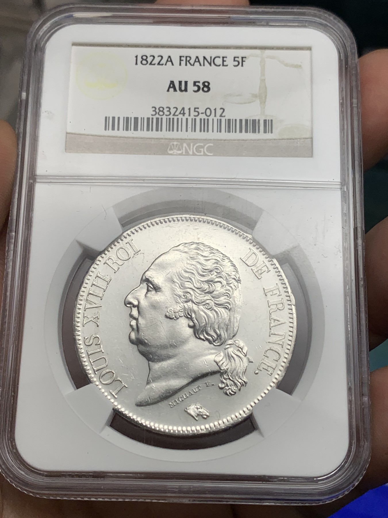 《竞宝斋》第180场-周日，周一2场 (全场包邮) NGC AU58法国1822年波旁王朝国王路易十八5法郎银币 不多的年份 整体白净 老盒评级