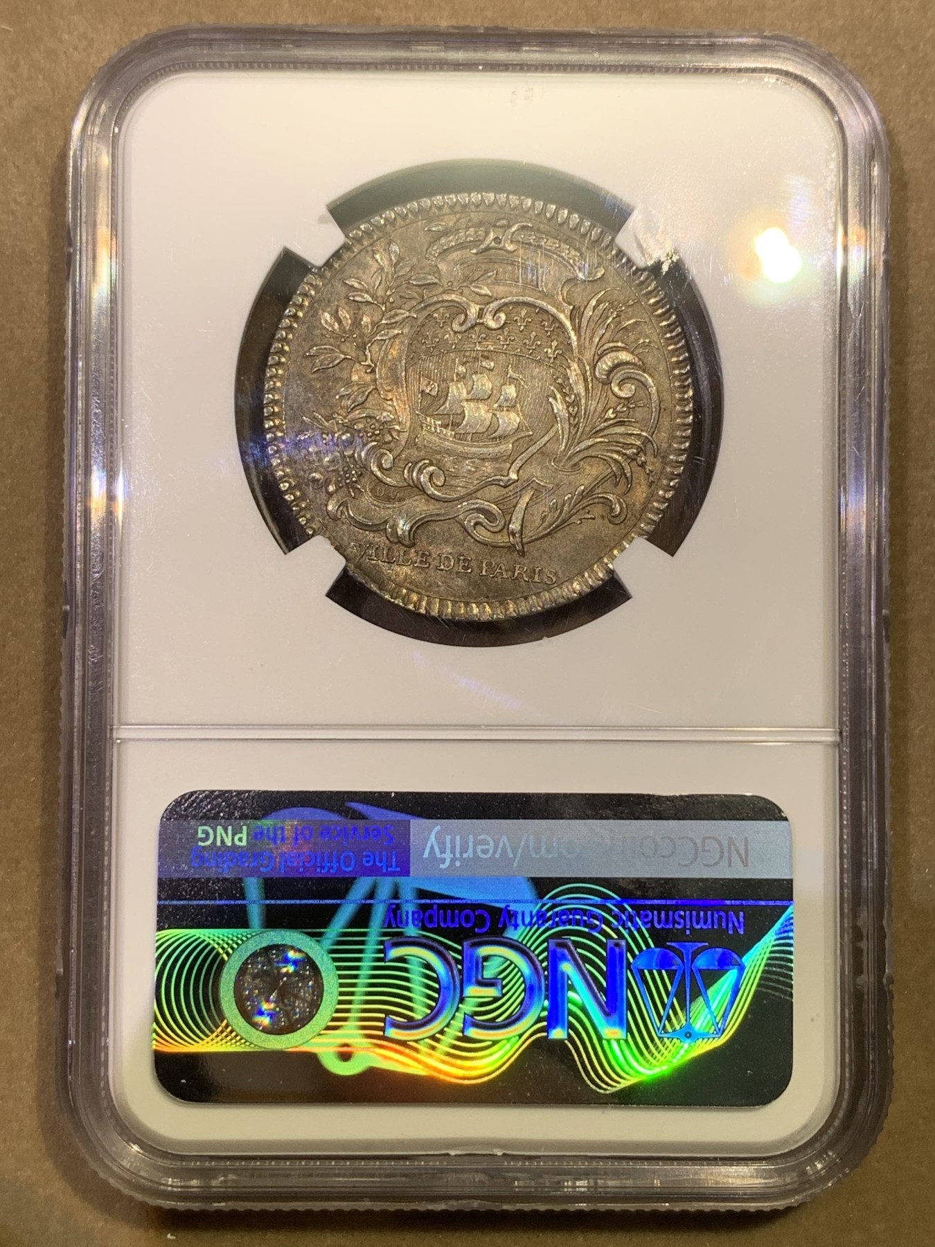 《竞宝斋》第180场-周日，周一2场 (全场包邮) NGC AU58 法国1740Vastan侯爵银制代用币 原味包浆 早期难得