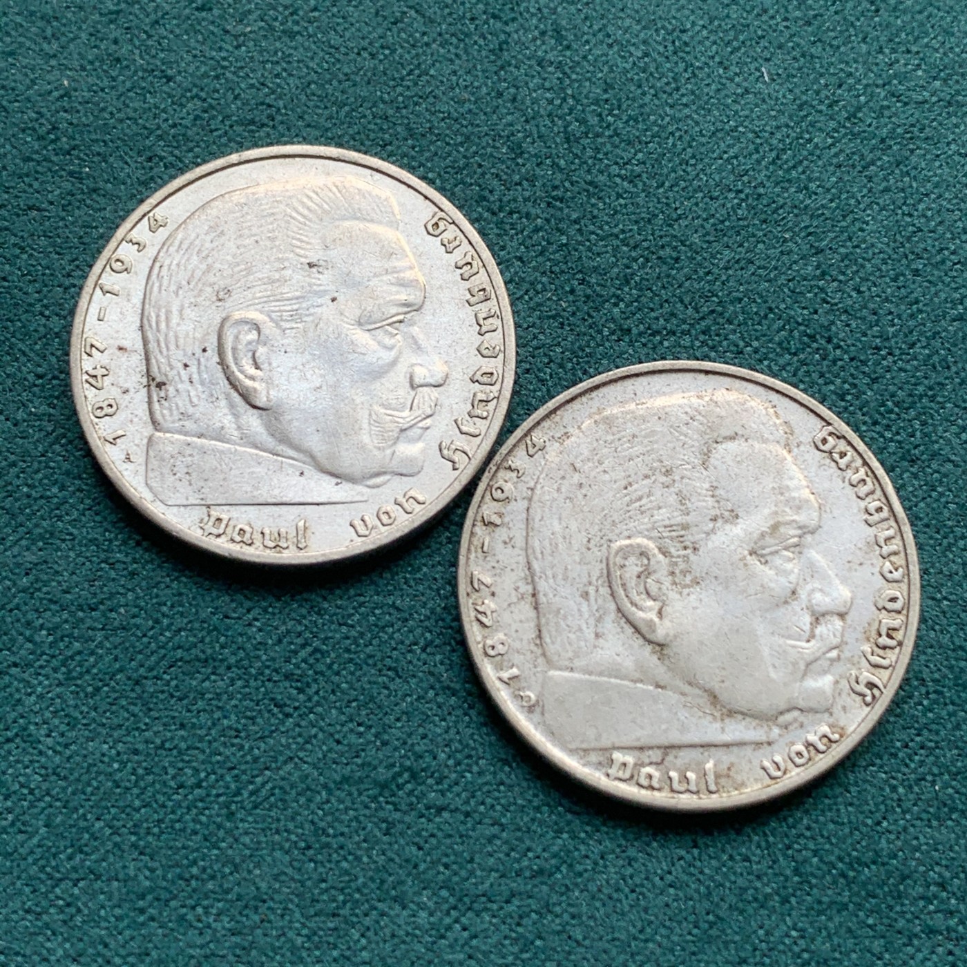 《竞宝斋》第180场-周日，周一2场 (全场包邮) 银币两枚一组 德国兴登堡1937年2马克+1939年2马克银币