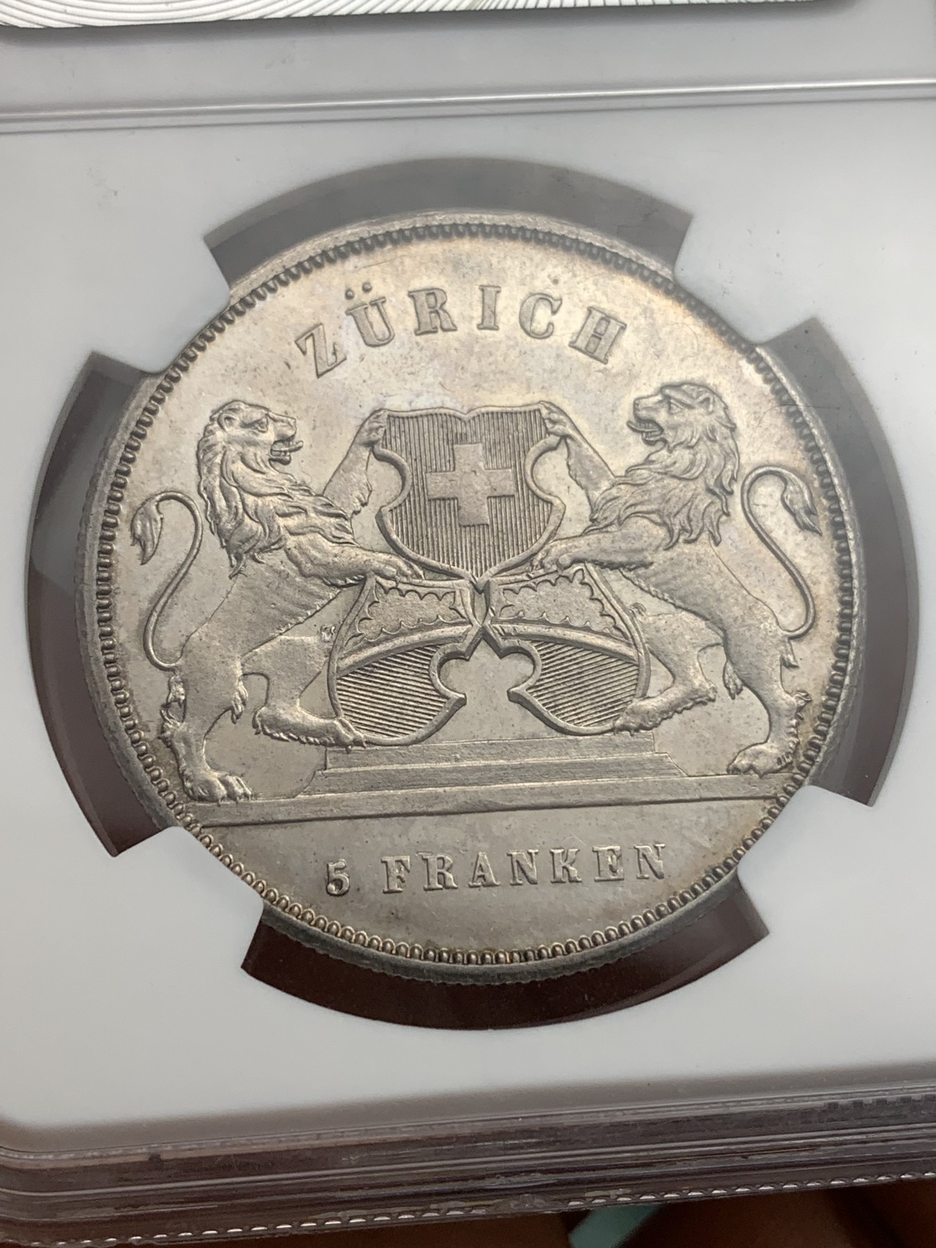 《竞宝斋》第180场-周日，周一2场 (全场包邮) NGC MS62 瑞士射击节1859年苏黎世5法郎银币 经典设计 只有6000枚的发行量