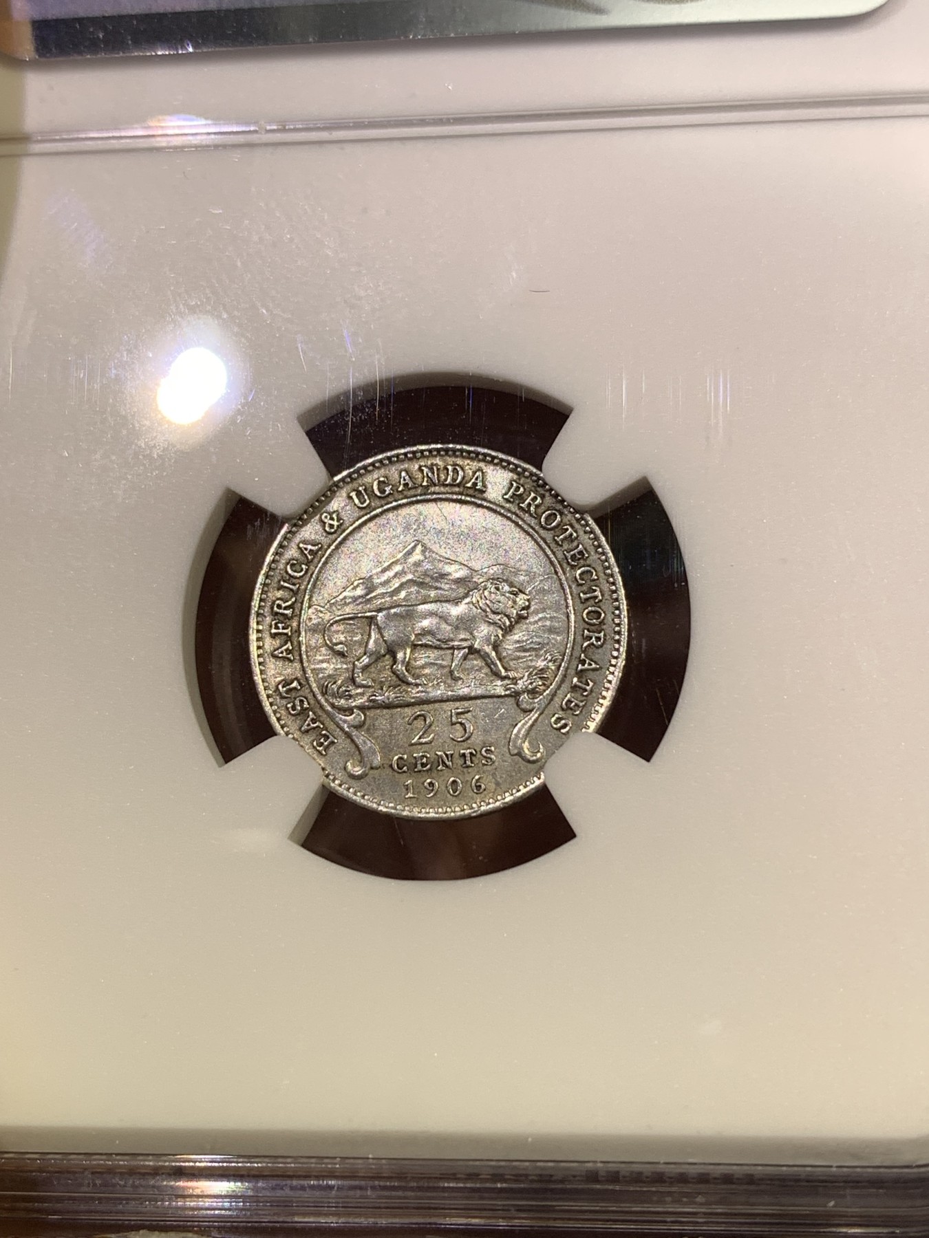 《竞宝斋》第180场-周日，周一2场 (全场包邮) NGC-UNCD 英属东非1906年爱德华七世25分银币，少见早期高银品种。